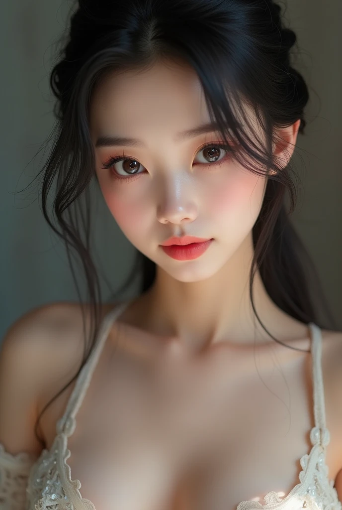 nsfw, Top quality, RAW images, real face, incredibly beautiful girl, cute, silky,Very beautiful Korea,soft and shiny hair, Depth of written borders, High accuracy, Very detailed,ملابس تدريب ،عيون ووجه Very detailed, students sharp, Real students, Intense focus, Cinema Lighting, small, (small breasts:1.2), ( بحاره معتدل بدلة to show off a small cute bra:1.5)))、