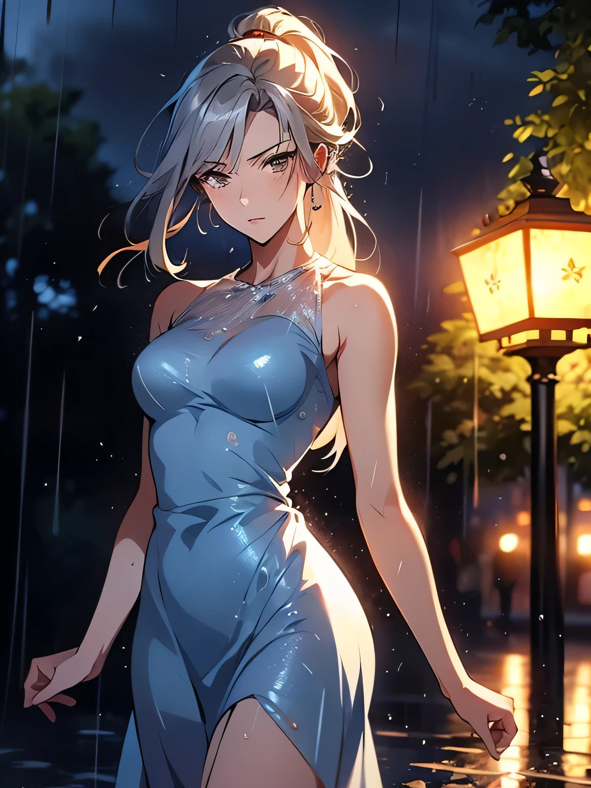 animation, masterpiece, best quality , one girl, cowboy shot, silver hair, long hair、ponytail、A straight nose、small breasts、amber eyes, lonely expression、light beige see-through short dress、sleeveless、dancing, night city, midnight sky, windy, (((rain)))
