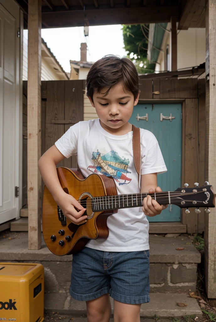 Boy with guitar hanging on his back 