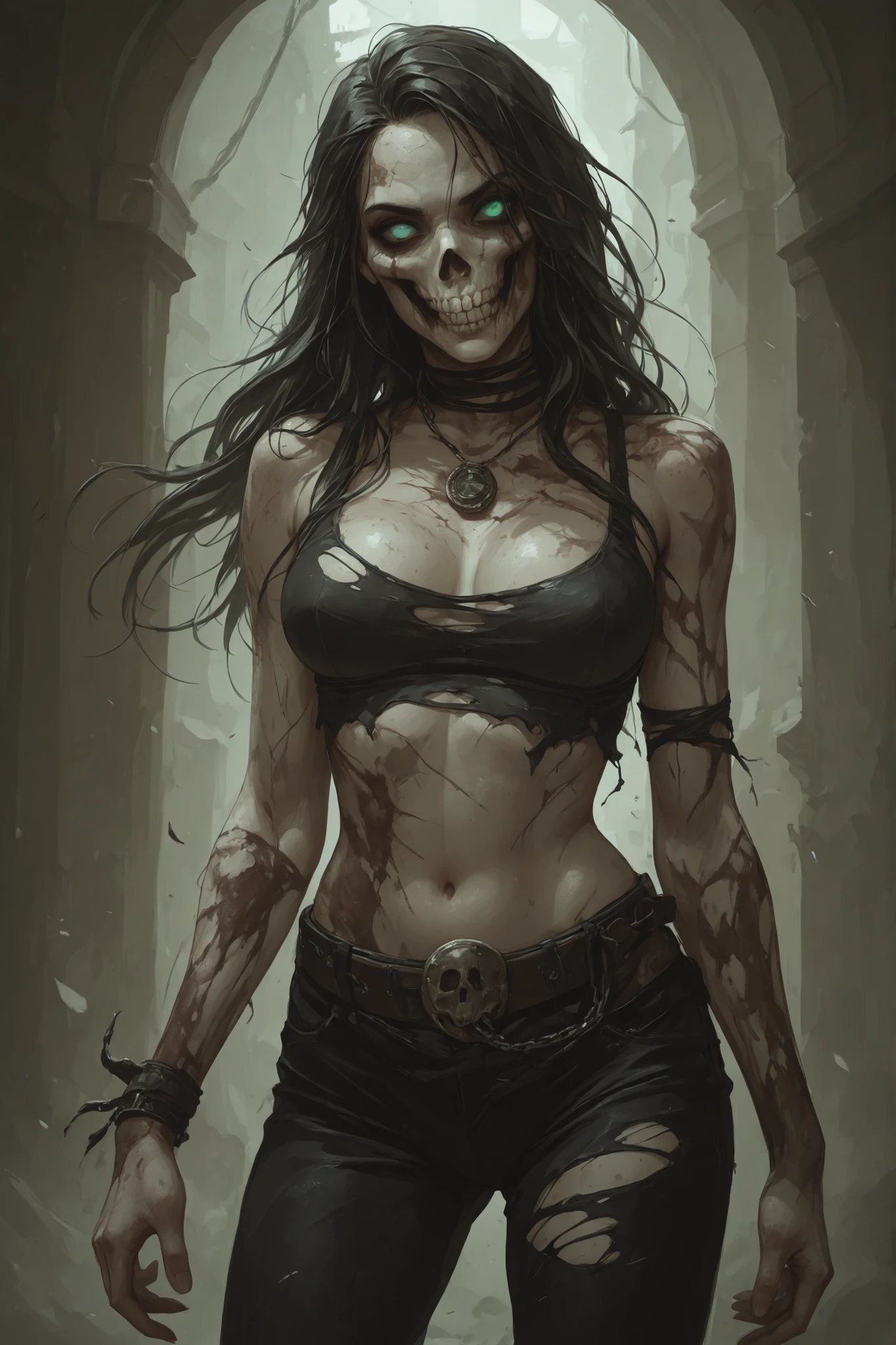 A zombie woman, with a very sexy and skull-like body, her tight and torn and torn clothes