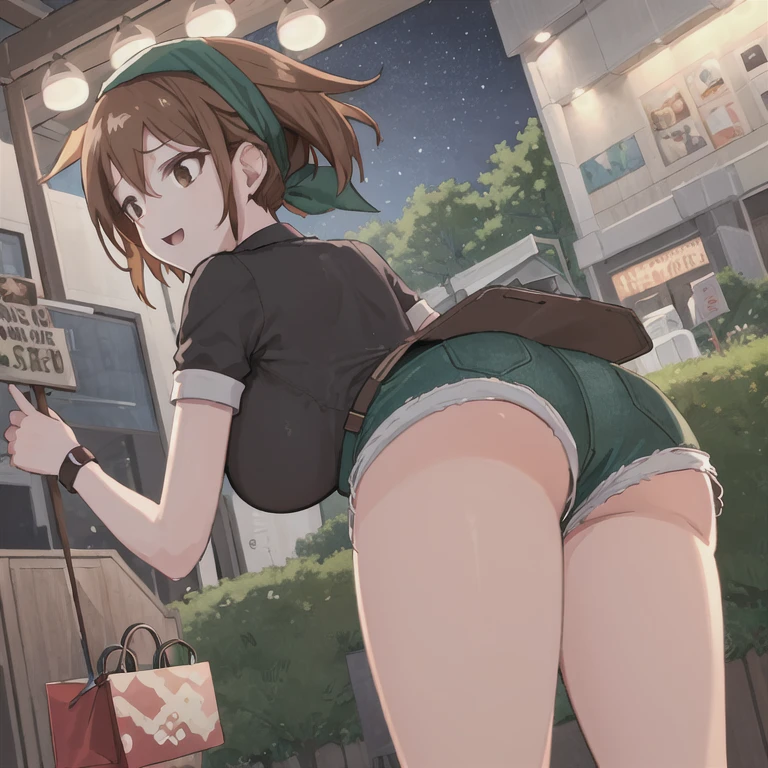 master-piece, hyper quality, hyper detailed,perfect drawing,Solo, High school girl, school uniform, miniskirt: (0.7), backwards, buttocks sticking out, big round buttocks, standing figure, ((panties fully visible)), tanned skin: (1.5), cute smile, tan marks: (1.5), (((baggy socks))), Portrait, bust up, shooting from behind diagonally below, shopping mall, beautiful background, detailed drawing, accurate drawing.