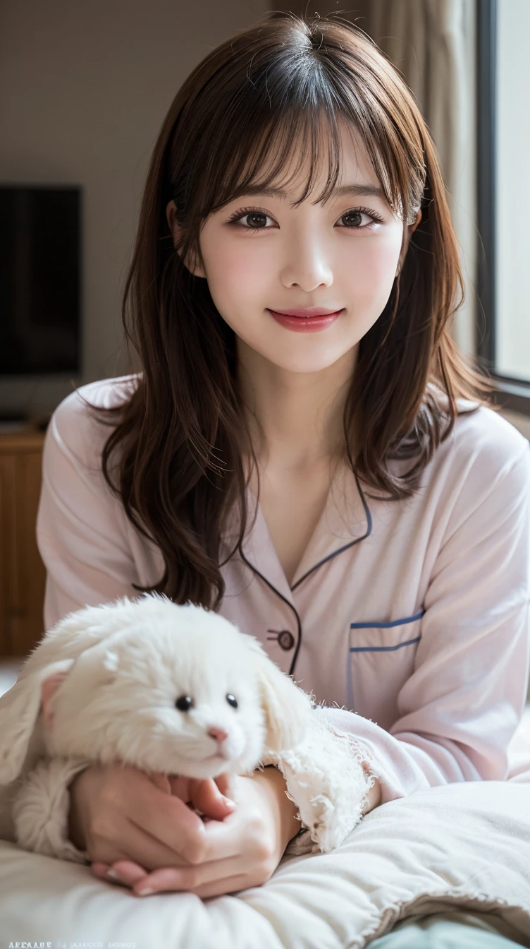 A Japanese girl with a cute face like an 18-year-old idol Smiling Kindly pajamas Full body portrait Cleavage Lying in bed Sleeping in bed with a cute miniature dachshund,RAW Photos Genuine Indistinguishable from live-action Raw photo