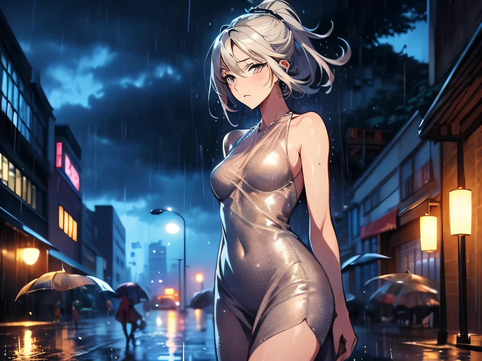 animation, masterpiece, best quality , one girl, cowboy shot, silver hair, long hair、ponytail、A straight nose、small breasts、amber eyes, lonely expression、light beige see-through short dress、sleeveless、dancing, night city, midnight sky, windy, (((rain)))