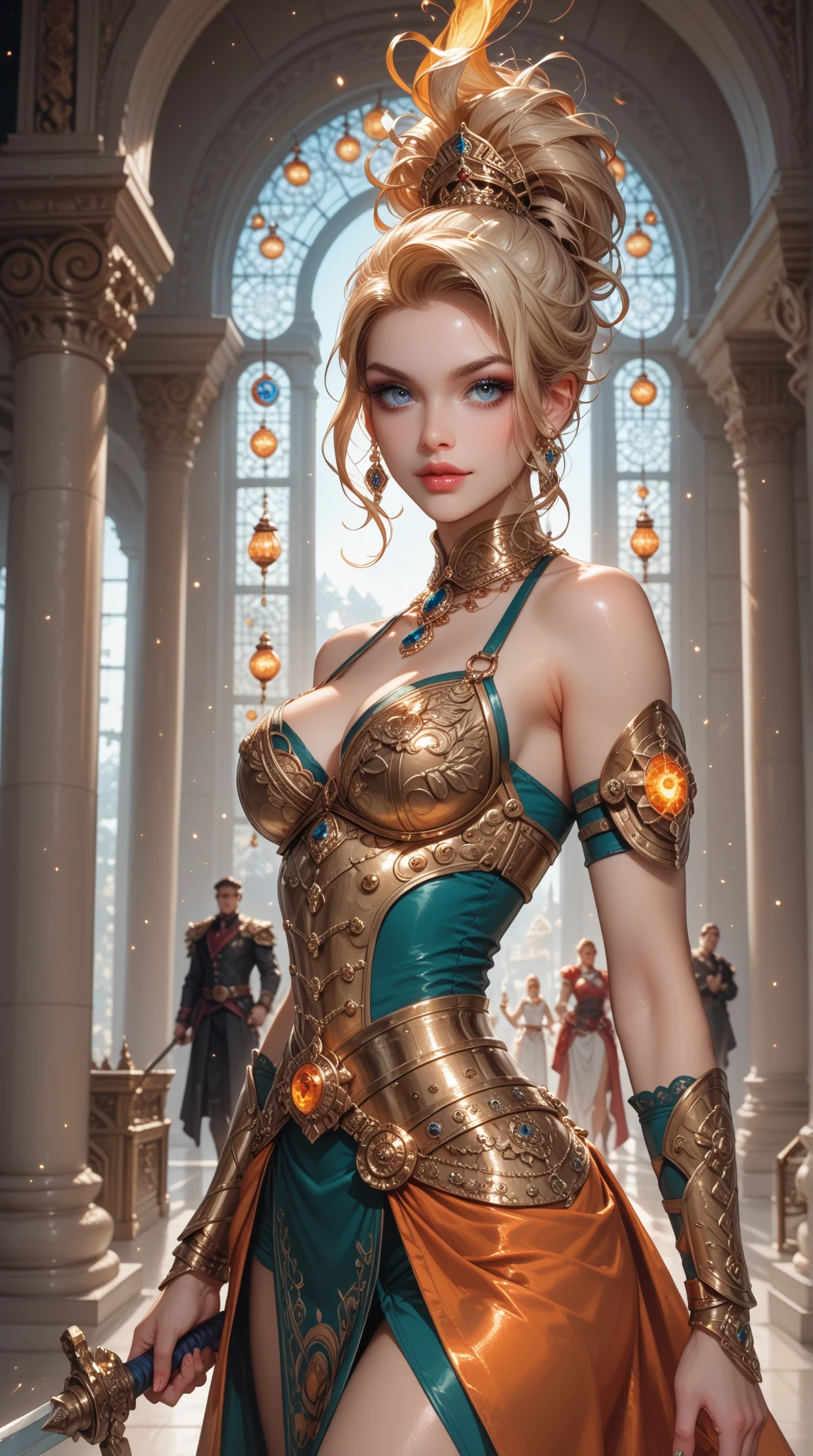 Muscular woman with blonde hair with braids, (- Armadura punk verde medieval). Bright chrome gold lingerie with sharp reflections. Gemas. bareshoulders. Ornate red hat. Detailed lighting. Artwork. Beleza extrema. Clothing with intense colored gradient ...
Victor Spectrum