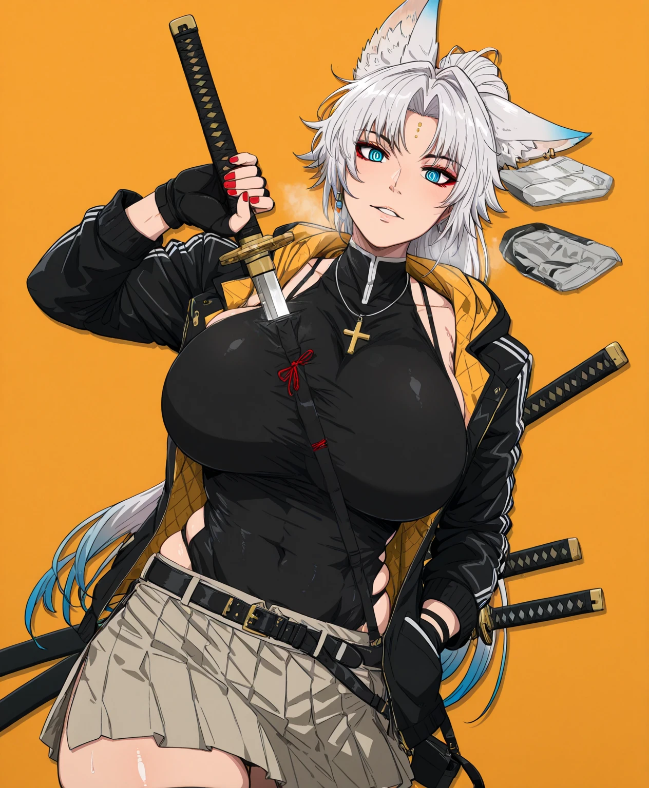 IliustraBloom, (PuriPuri _jet-style:1.4), (kunaboto-style:1.4), (Alecto_0-style:1.1), (mark_Gavatino-style:1.1), (Skirts_(Kirieroido)-style:1.3), (anime coloring, anime screencap), shiny skin, ((anatomical correct)), ((cinematic, unreal engine, eye-catching , ambient occlusion, UHD, masterpiece)), ((perfect lighting, dim lighting, soft shadow)), perfect body, perfect eyes, perfect fingers, gasping, heavy breathing, gasping profusely, ((skindentation)), ((curvy)), Fe1x10, animal ears, long hair, ponytail, multicolored hair, white hair, red eyeliner, ((ringed eyes)), forehead mark, ear piercing, ((mature female)), plump, 1girl, sword, weapon, Alone, jewelry, katana, hand_in_pocket, earrings, gloves, holding_weapon, holding_sword, Fingerless_gloves, holding, red_nails, yellow_background, Looking_at_viewer, piercing, sheath, ear_piercing, Cross, jacket, black_gloves, hood, orange_background, nail_ polish , necklace, parted_lips, simple_background, glowing effect