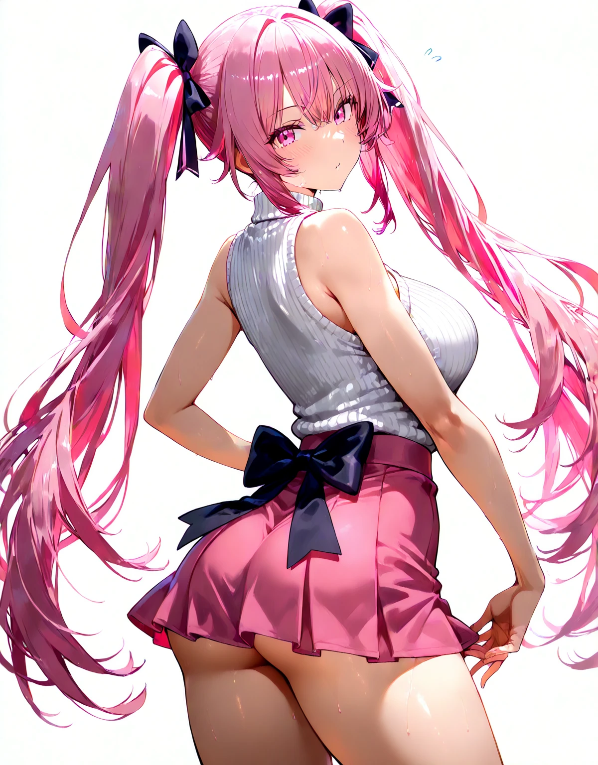 hyper ero anime style,cat ears pink long hair angel shota,nurse cap,hospital,flat chest,from below behind,butt shot,white pantyhose with skirt,big butt,laughter,
