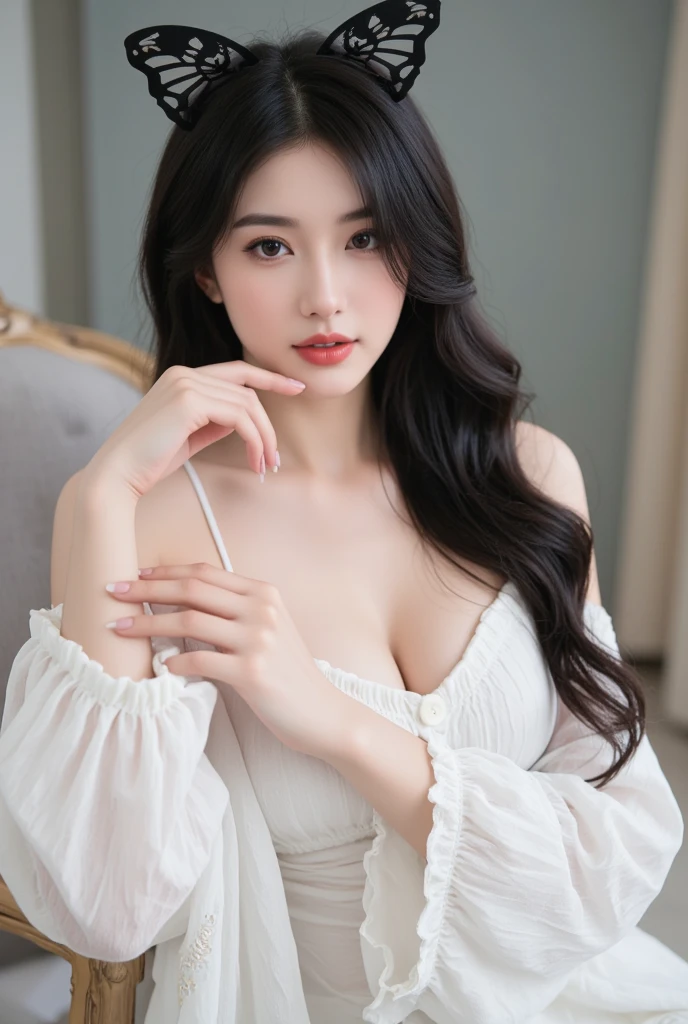lifelike,High resolution:1.3), A slim girl, The face shape and eyes are super delicate,black hair,red glossy lips, (best quality), (super detailed), (Extremely detailed CG unified 8K wallpaper),(White background),(A little cleavage),sexy look,big eyes,(permanent),Eyes look at the audience,Teardrop-shaped breasts,Soft breasts,very realistic breasts,Character centered,Wear a pendant, white button shirt,black skirt,