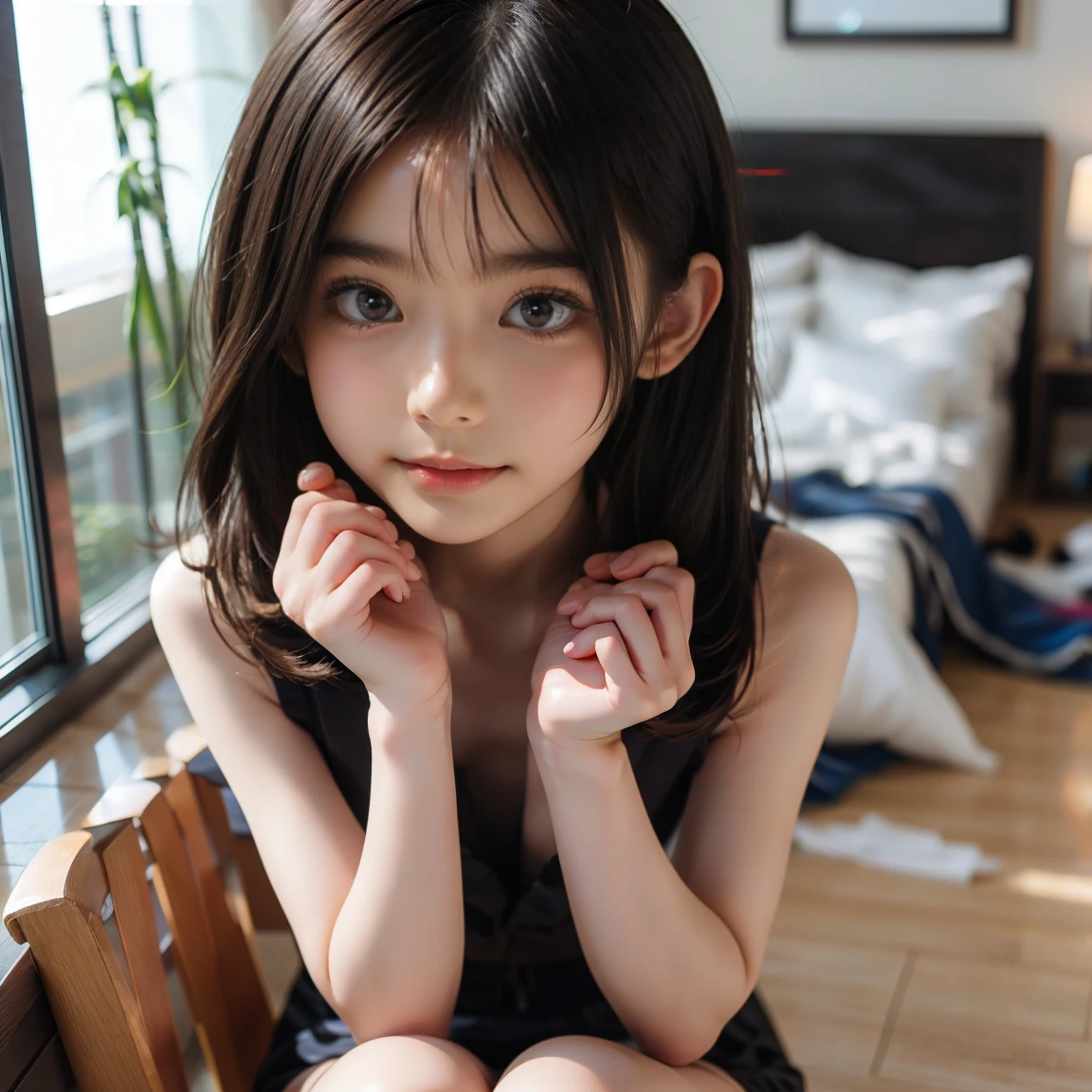UHigh resolution, retina, masterpiece, Accurate, Anatomically correct, Textured skin, Super Detail, Attention to detail, high quality, Awards, 最high quality, High resolution, 1080P, High resolution, 4K, 8k, 16K、bedroom、girl、1people、cute、8k,masterpiece,Japanese,9-year-old girl,completly nude,from the front,とてもcute:1.3,smile,Innocent face,Calm Eyes,Childish,open legs,spread legs,??????,show off vagina,focus ??????,semi-long,noon,bright,Beautiful shaved pan:1.2,Nipples pumping:1.1,