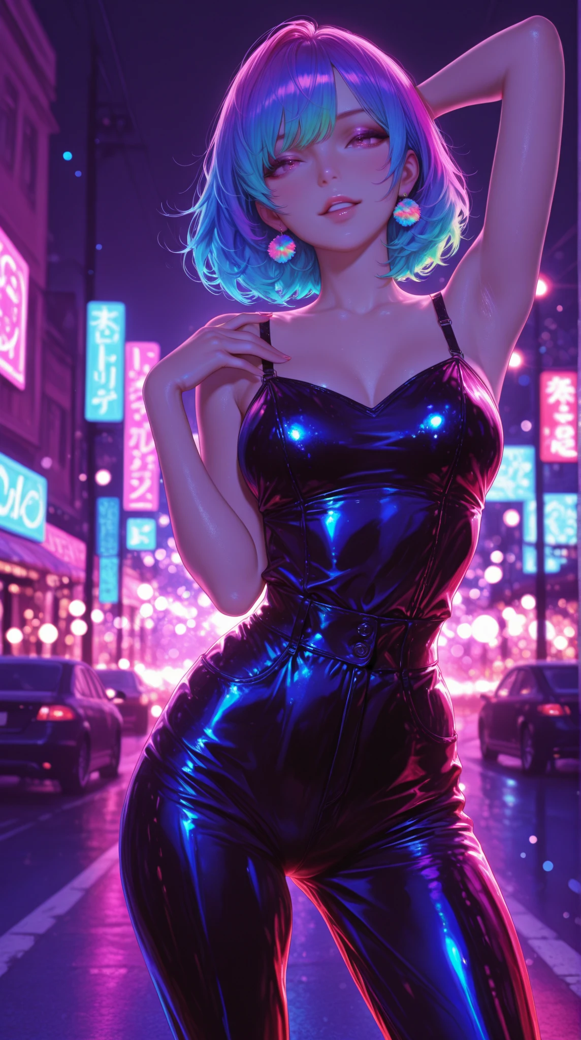 1 mature woman,(Highest quality,Extremely detailed depiction,Incredibly absurd high resolution,Anatomically accurate depiction,Perfect body,Two curvaceous legs),(Glowing Skin,Shiny skin,Oilskin),(A metallic, shiny bodycon dress,black tights),(Luxurious accessories,necklace,Earrings,bracelet),eyelash,(Luminous purple eyes,Detailed pupil,Crazy Eyes,There is cleavage in the chest,Bewitching Smile,Glossy lipstick,blush,forward leaning posture,Put your hand on your cheek),Sweat,(whole body),background:Night bar,Purple air