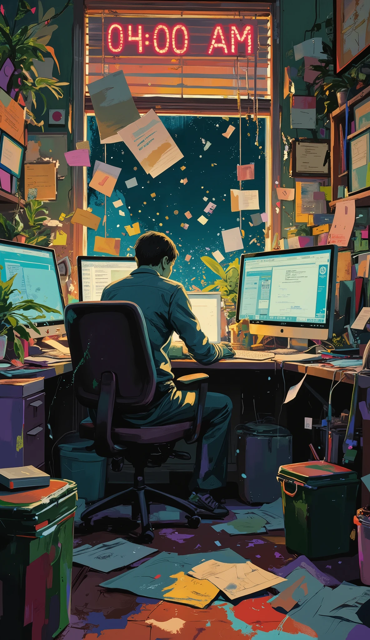 medium shot of a zombie-like office worker slumped over a cluttered desk at 04:00 AM, glowing digital wall clock shows "04:00 AM", documents floating mid-air as if affected by broken gravity, monitors displaying glitchy unreadable code and fragmented UI windows, the office walls partially transparent or pixelated, textures flickering between real and painted surfaces, coffee stains morphing into data symbols, a blue screen error glowing faintly in the window reflection, rain falling upward outside, ceiling lights flickering, papers duplicating endlessly on the floor, surreal glitch effects invading the physical space, expressive acrylic paint strokes blending reality and error, thick textures, vivid yet unstable colors — sickly green skin, red-rimmed eyes, violet shadows, brush-painted sunrise light seeping through glitchy office blinds, painterly chaos, broken perspective and abstract distortions, masterpiece