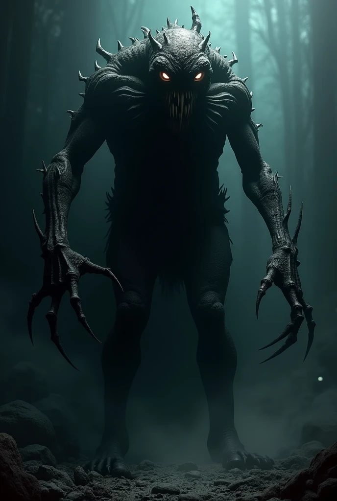 Faceless humanoid monster, standing in the dark forest