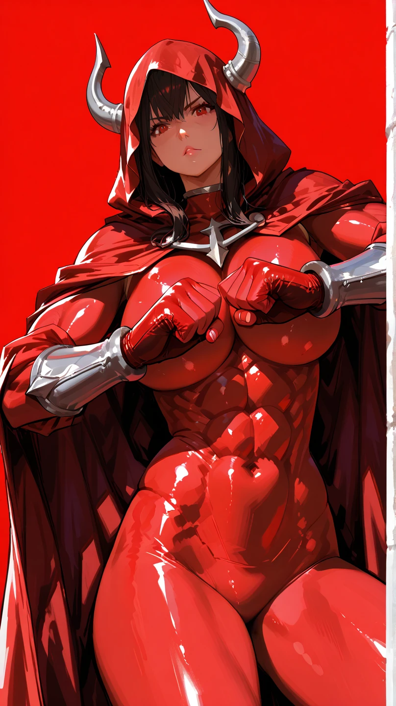 A thick looking black female mannequin with a skull head with a red demon mask and red markings all over the body