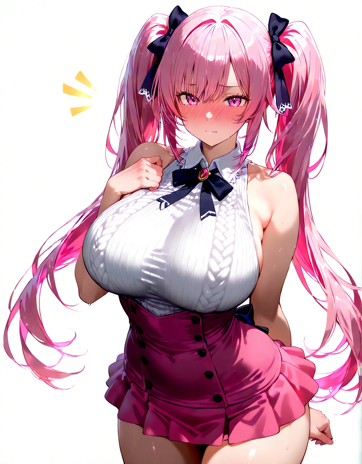 1 22 year old girl, Pink Hair, Long double ponytail, Pink Shirt, Fluffy collar, White fluffy skirt, White ribbon in hair, Plenty of hair accessories, ta,(gigantic sagging breasts),focus breasts,upper body,see-through,nsfw,clothes lift