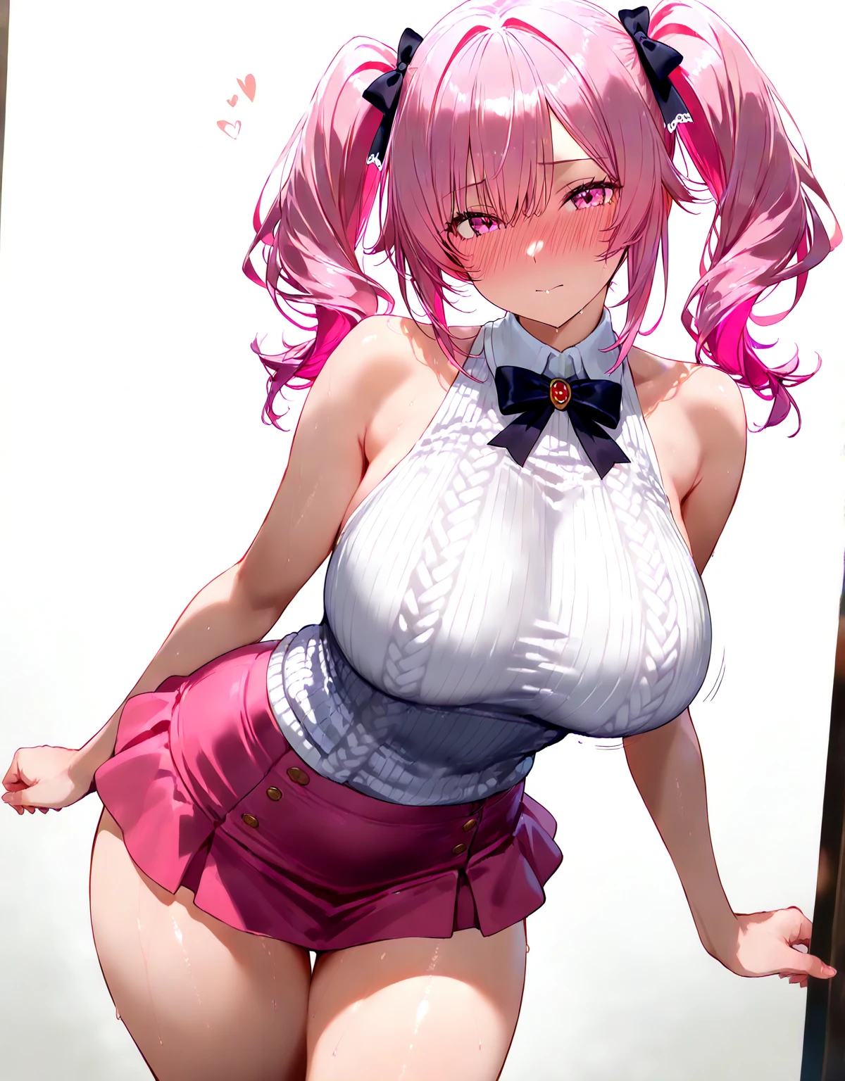 1girl, large breasts, breasts, thick thighs, twintails, pink hair, very short hair, short hair, blue eyes, headband, maid headband, thighhighs, smile, light smile, bikini, black bikini, beach, tall, tall female, mature female, hourglass figure