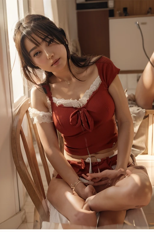 best quality, ultra high res, (photorealistic:1.4), 1girl, off-shoulder white shirt, black tight skirt, black choker, (faded ash gray hair:1), looking at viewer, Cleavage、tits