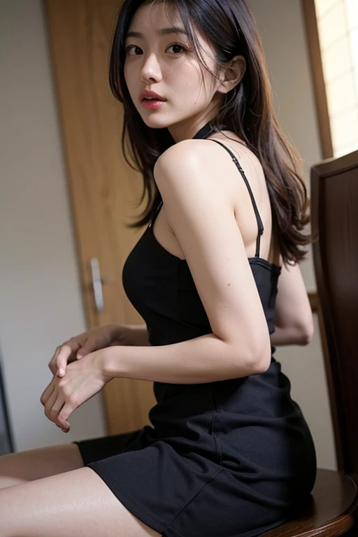 (top-quality, in 8K, masterpiece:1.3)ultra high res, (glossy skin, simple, photorealistic:1.4), RAW photo, cute, (pupil, lights in the eyes), detailed beautiful face, (high resolution detail of human skin texture:1.10), masterpiece, best quality, (illustration), cute, solo sharp focus, from front, 1girl, solo, cleavage,looking at viewer, japan, doyagao, V-neck Sweater, bed sideside, ponytail,(indoor:1.2), (full body shot, leaning forward, press breasts together, breasts out, nsfw, gigantic breasts:1.20), (realistic, photorealistic, photo-realistic:1.37)