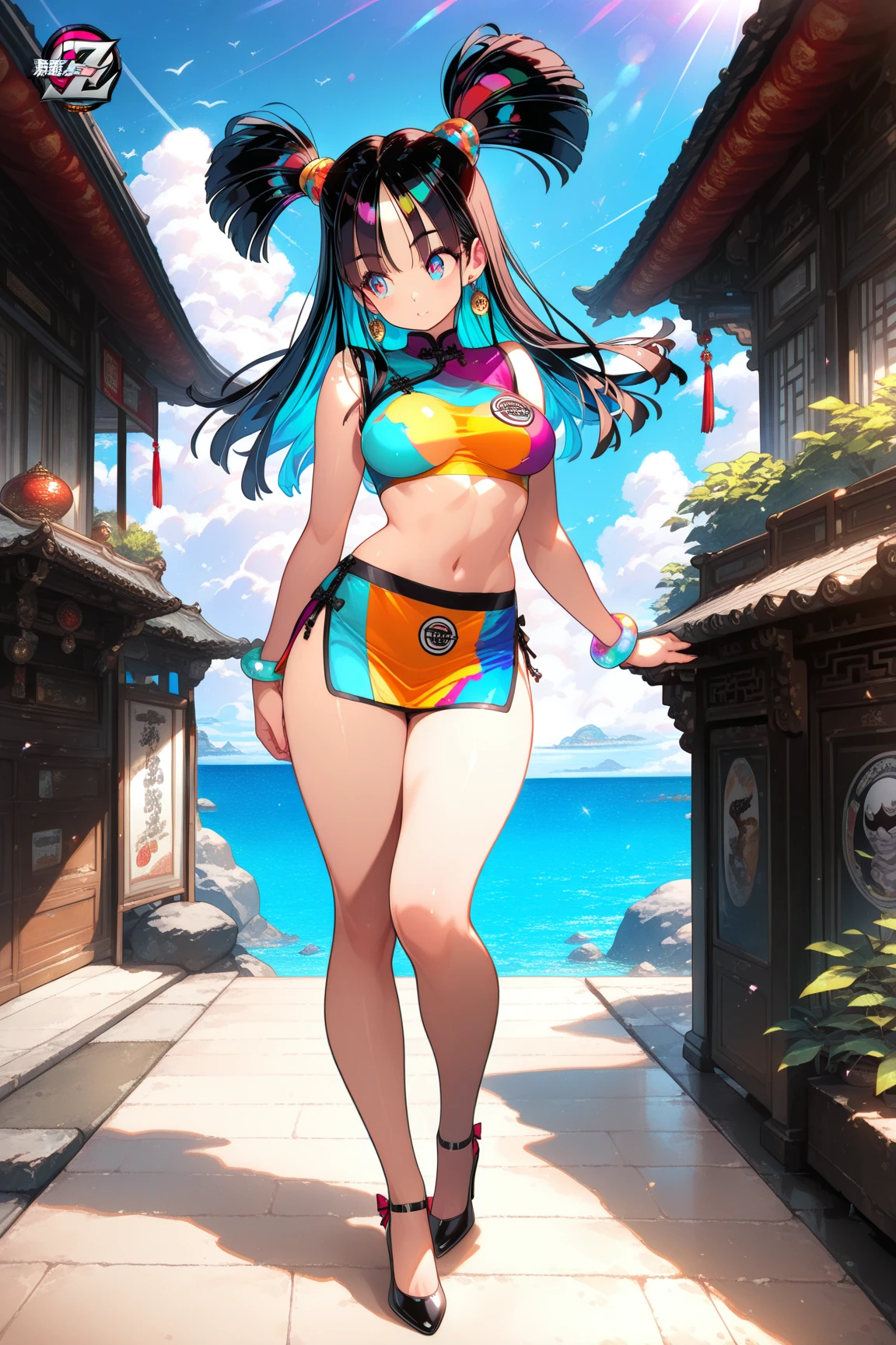 1 girl, dusk \(arknights), arknights,(Masterpiece, Best Quality), The newest one,  turquoise bikinis, The original lasts, , by nyantcha, black fur, horns, por omone shopping agm, white dragon tail, evening,desert, orange eyes, turquoise scales on arms, 