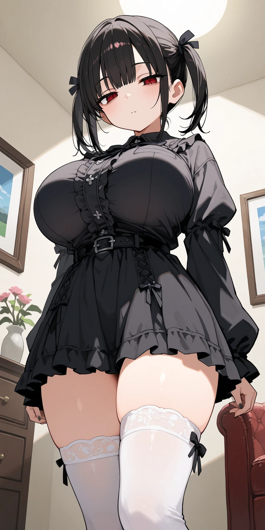 ((masterpiece,best quality)), absurdres, (marnie), original outfit, aqua eyes, black hair, short hair, black choker, red ribbon, ((pink dress)), jewelry, (black jacket), open clothes, long sleeves,  solo, looking at viewer, cowboy shot, cinematic composition, contrapposto, hourglass figure, strapless dress, mature, 