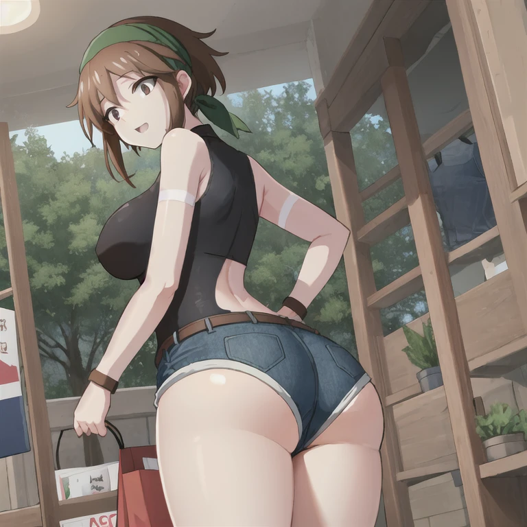 Kousaka Honoka, Blue eyes,Naked,drenched in sweat,full of sweat, Stand in the supermarket , from behind,Ass, Smile, Ahoge, exposed ass