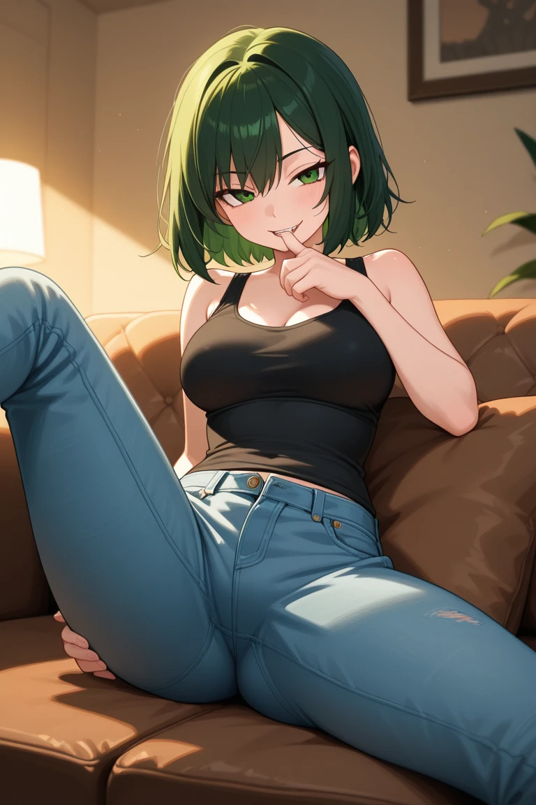 2D,highest quality,(masterpiece),(full body),(1 girl),Youmu Konpaku,gray hair bob cut,healthy white skin,(denim hot pants),Tank top,Shiny bare legs,barefoot,Beautiful green eyes,attractive thighs,Bedroom,Get drunk,upper grade,cheeks are bright red,Cute with bruises,Amaenbo,sagging sleeping face,A smile on your lips,I want to hug you、Cute like an angel,inner thigh pose,She is short in height,Lying on the sofa,Lying on your side