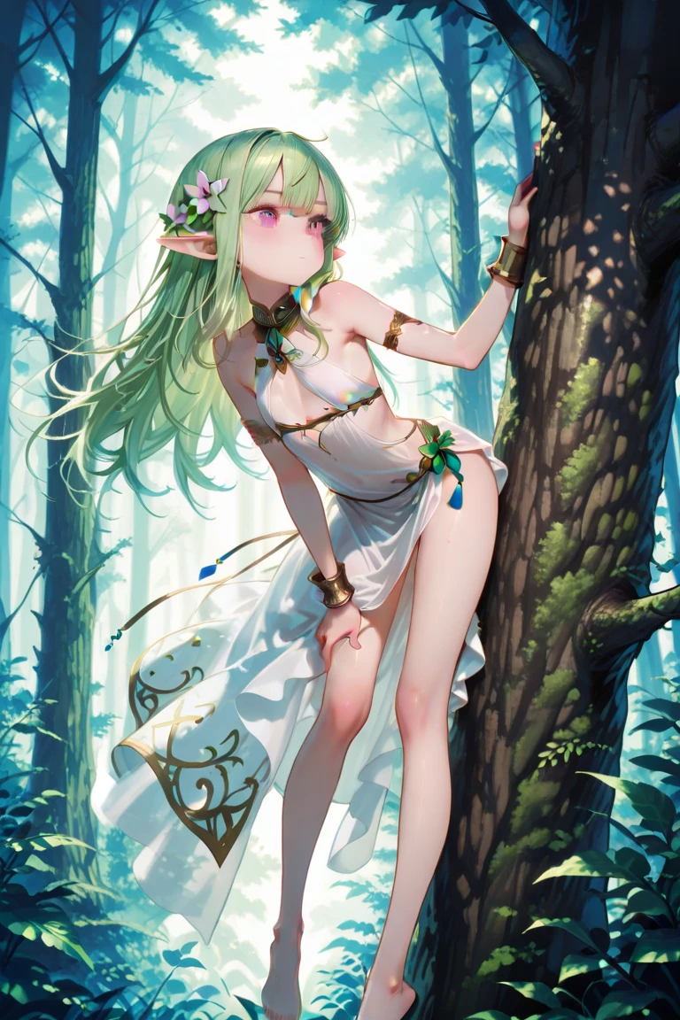 (((close up foot))), A little fairy girl is playing a prank, 、((sit cross-legged on a tree branch))、sexy, (I look up at the girls from the ground.)、(The girls who surrounded me and hugged me)、((seductive evil grin)), (Pixie)、(Butterfly on the back々Feathered)、Very little fairy、((Little fairy))、low length、(thin)、((5 years old girl))、(Transparent fair skin), (((child girl)))、Wavy、(Green Hair)、ponytail、Red scrunchie、((Forehead))、Big eyes、Grey Eyes, (Micro Bikini), ((Angle from below:1.8)), navel、(A transparent cloth is wrapped around the waist.)、(Thighs), crotch、foot, ((At the Forest Springs)), (Angle from the bottom of the girl), (In the woods)、((Sitting on a tree branch))、((Sitting cross-legged))、Pink Fluid dripping from the toes、