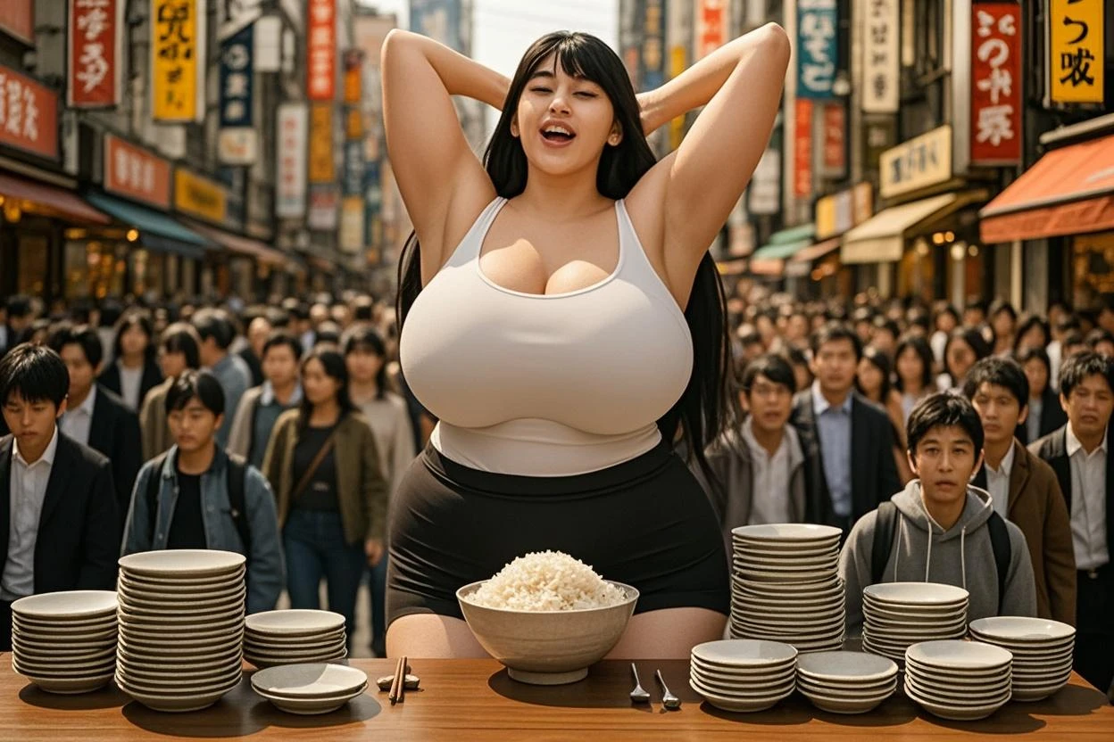 Raw, hyperrealistic, hyper-detailed, masterpiece, Ultra-realistic, ultra-detailed, mid shot, big single Bun hair, korean girl, big breasts, chubby body, plump body, wearing white nasty strapless dress, vomiting mouth, eating sandwiches, at coffee shop counter, taking order, crowded people background, 8k resolution 