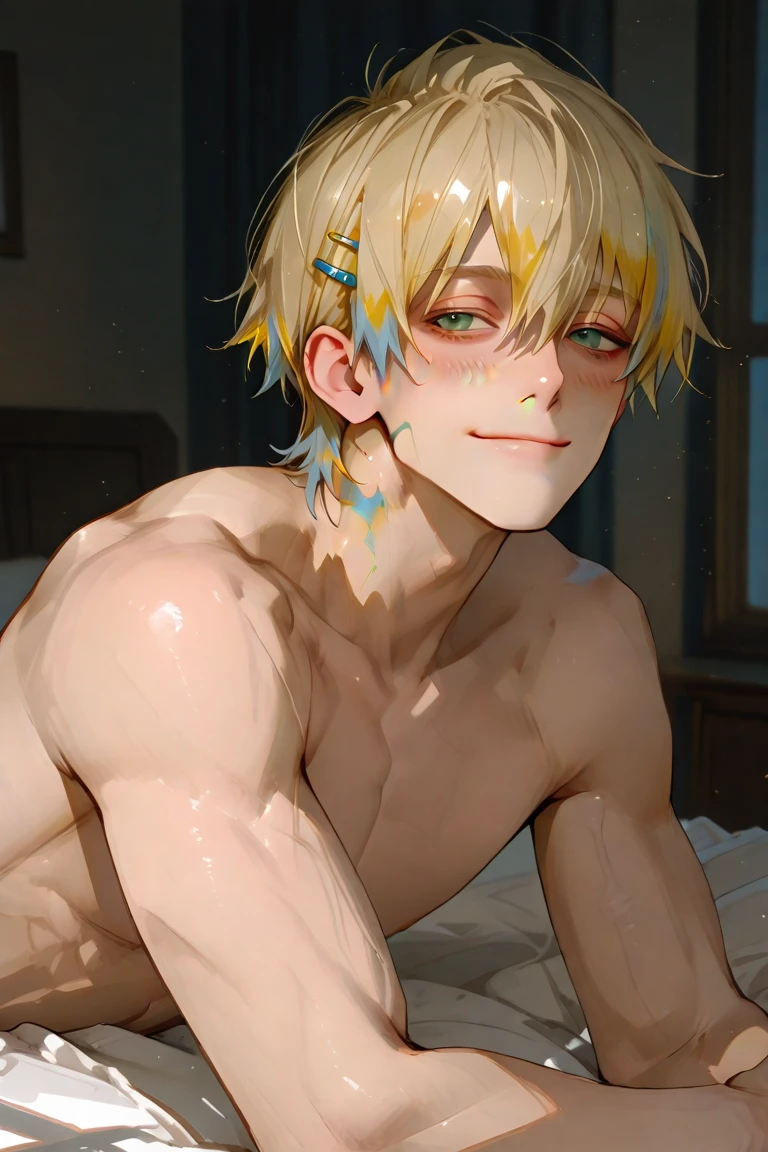 nsfw,, (Beautiful Boy),Watery eye,blush,,, young,, flat chest, blonde short hair,