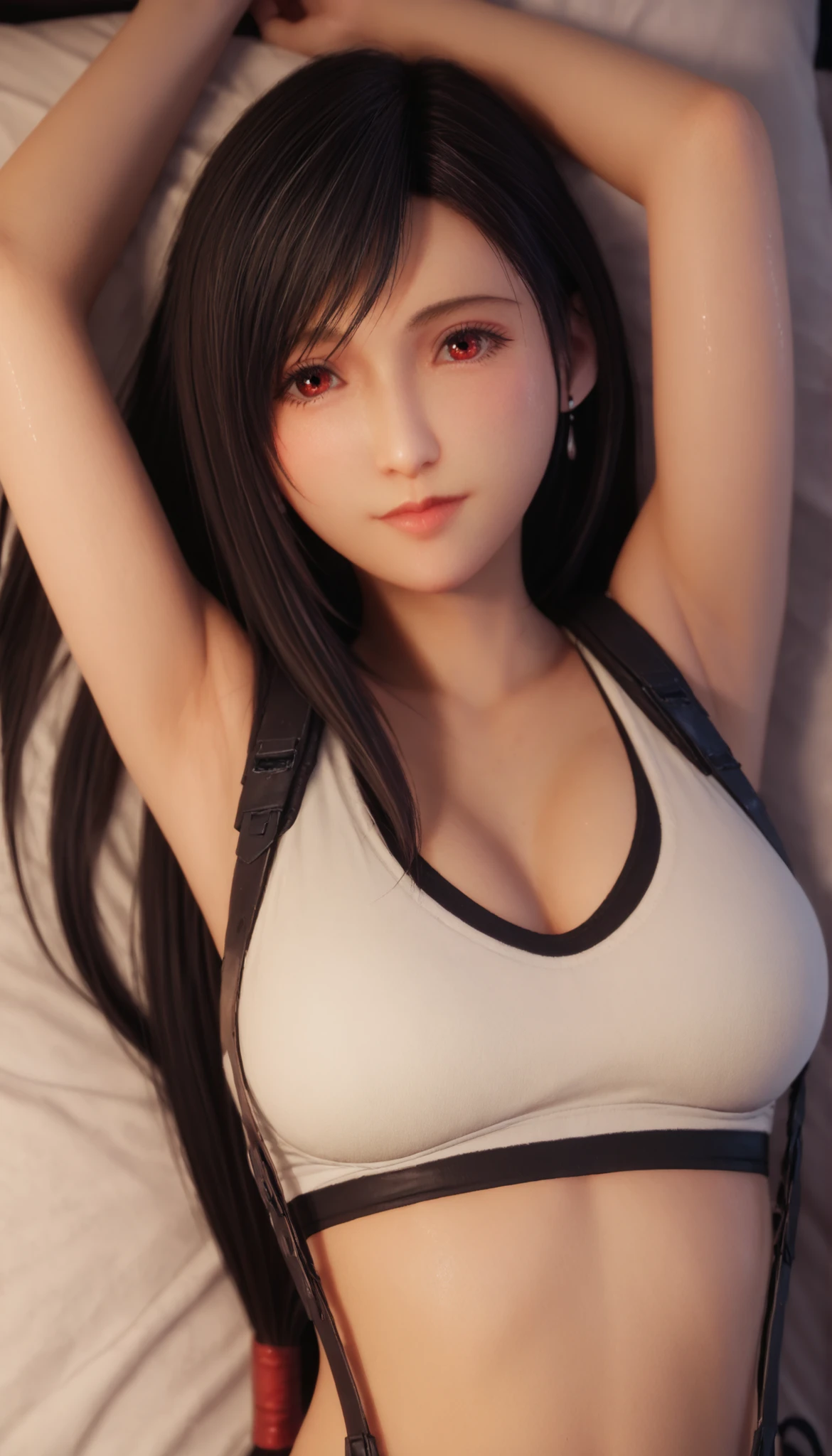 (((Raising Your Arms))),(((Tifa Lockhart))),(((Beautiful looks))),white bikini,cute face,dark haired,long hair,lying down on the bed,Wet Body,(angle from above),Ulchan - 6500-v1.1, (RAW pictures:1.2), BEAUTIFUL DETAILS, very detailedな目,Beautiful Eyes,beautiful eyes,Dark Eyes,Large File Size, high resolution, very detailed, top quality, [masterpiece:1.6], Awareness-raising, very detailed,photorealistic, CG, fine, top quality, 8K Wallpaper, perfect body,very detailed