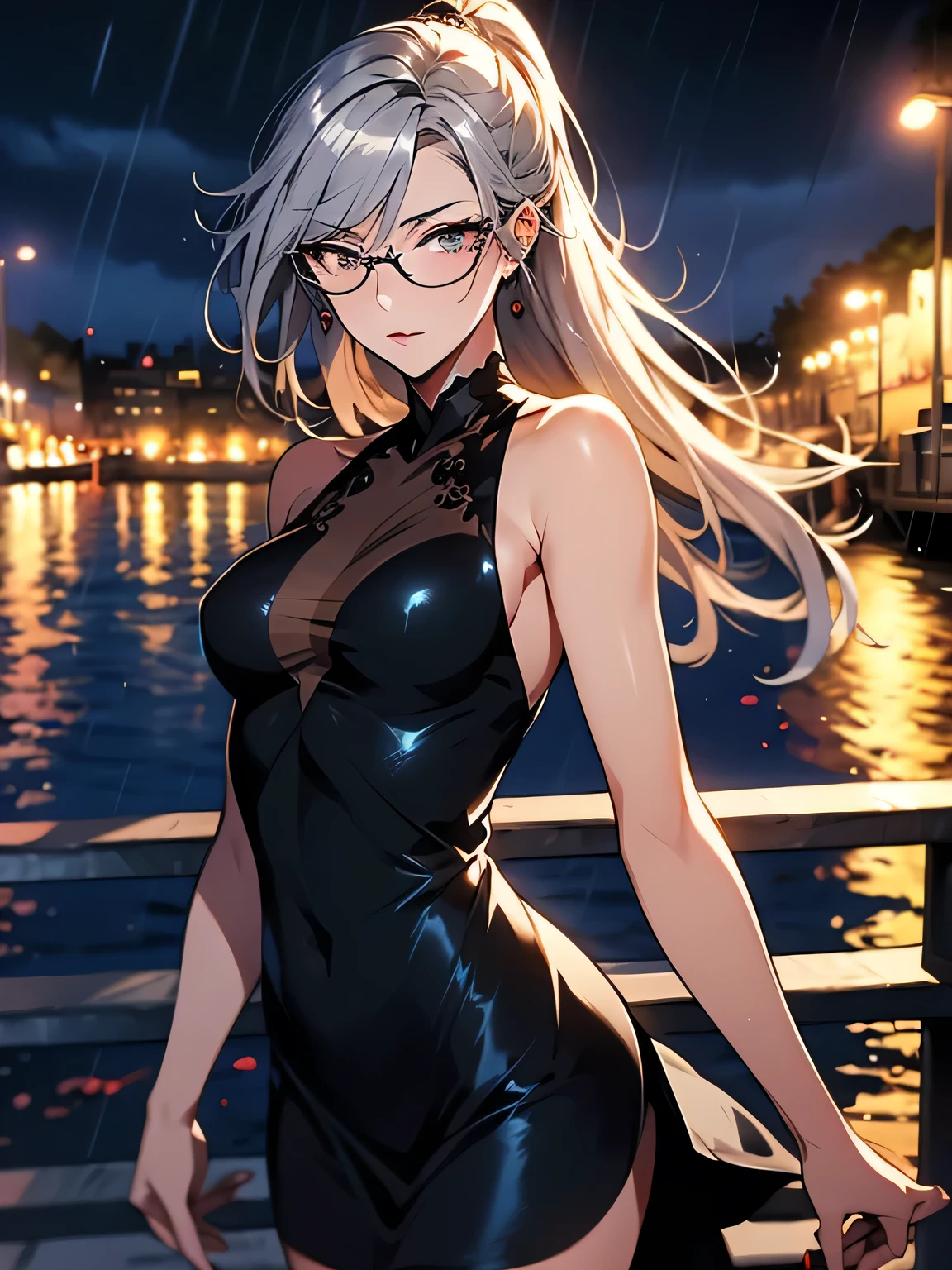 animation, masterpiece, best quality , one girl, cowboy shot, silver hair, long hair、ponytail、(glasses, A straight nose、small breasts、amber eyes, lonely expression、light beige see-through short dress、sleeveless、dancing, night city, harbor、midnight sky, windy, (((rain)))