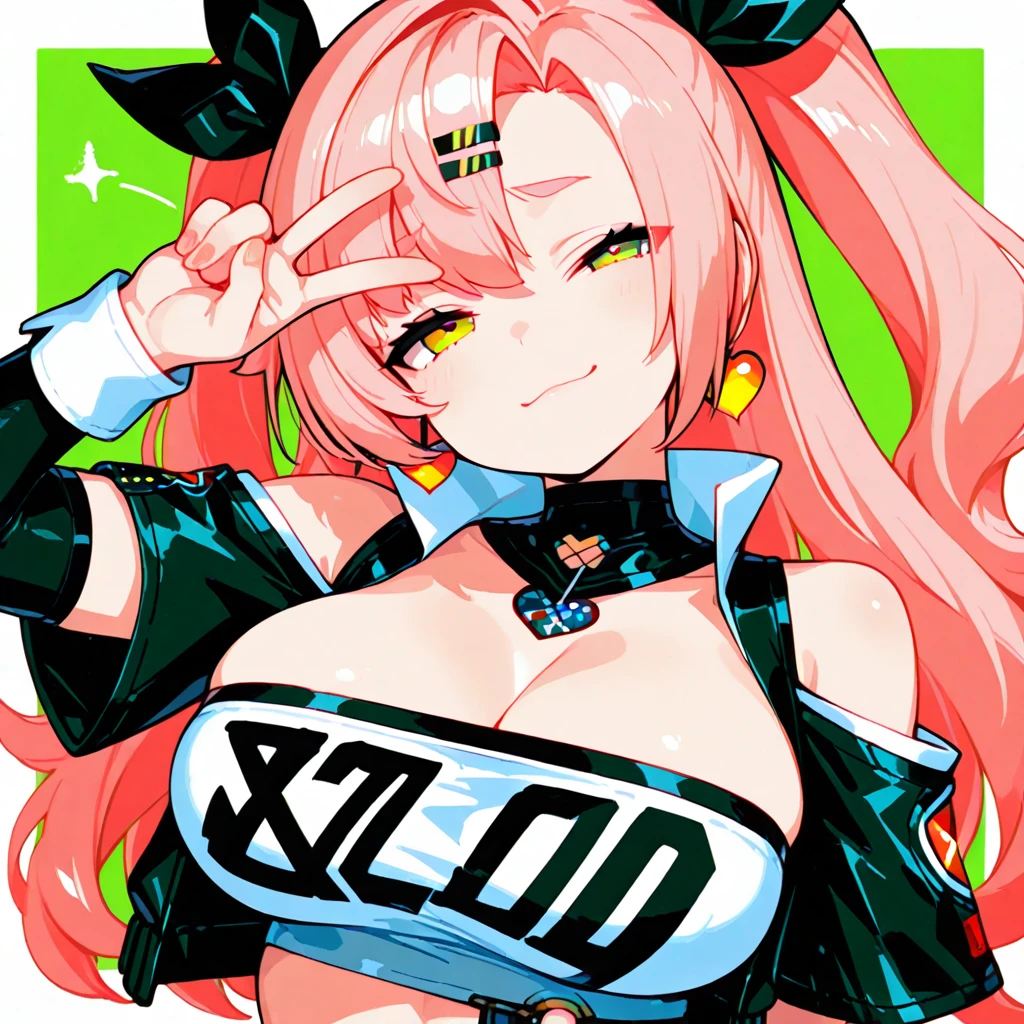 Score_9, score_8_up, score_7_up, ((solo)), very cute face, vivid colors, commentary, curvy beauty body, perfect body line, (zenless zone zero), nicole demara, nihilistic smile, half closed eye, peace sign, upper body