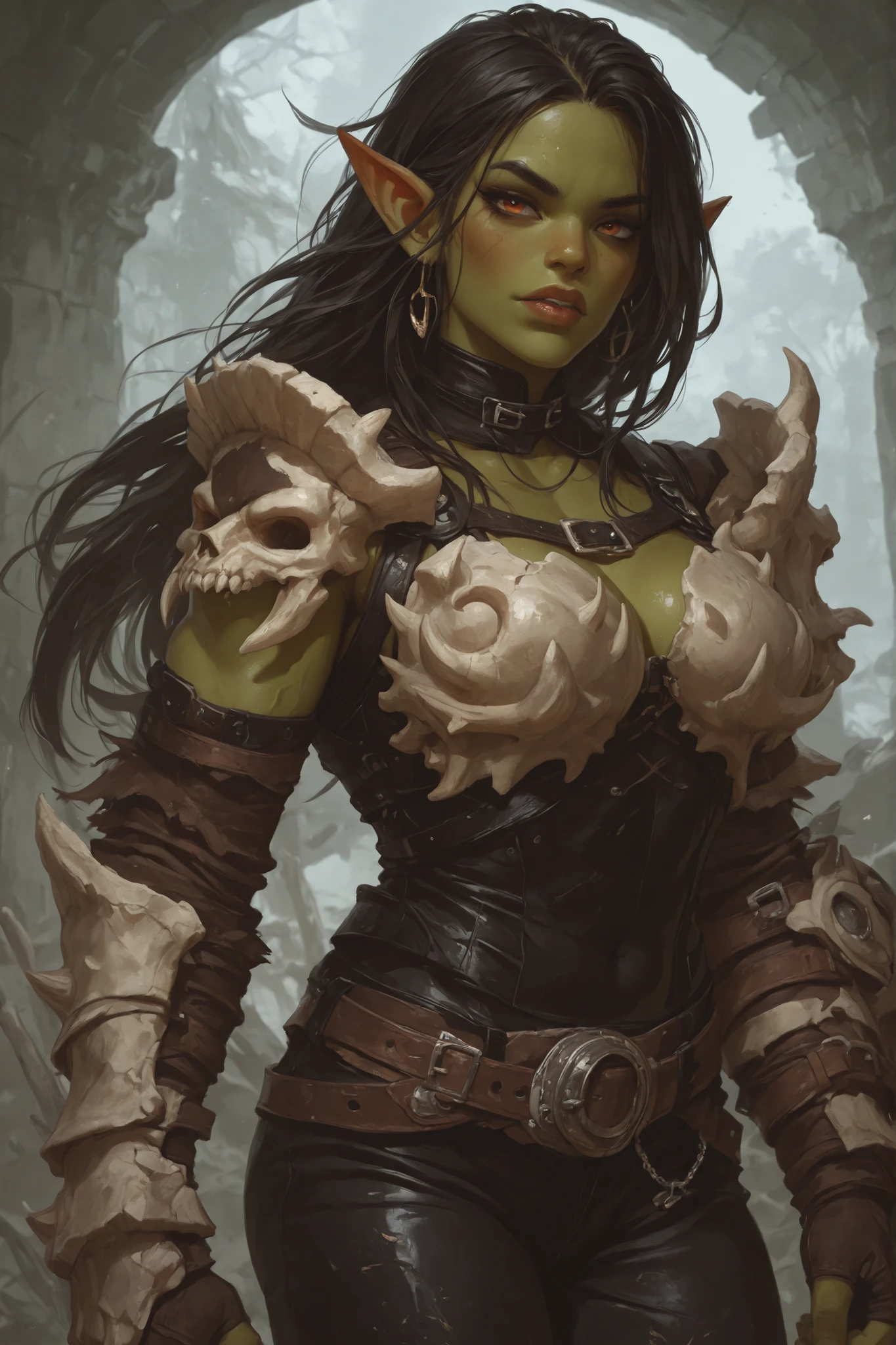 orc woman, with beautiful face, athletic and sexy leather, with bone armor, intimidating look