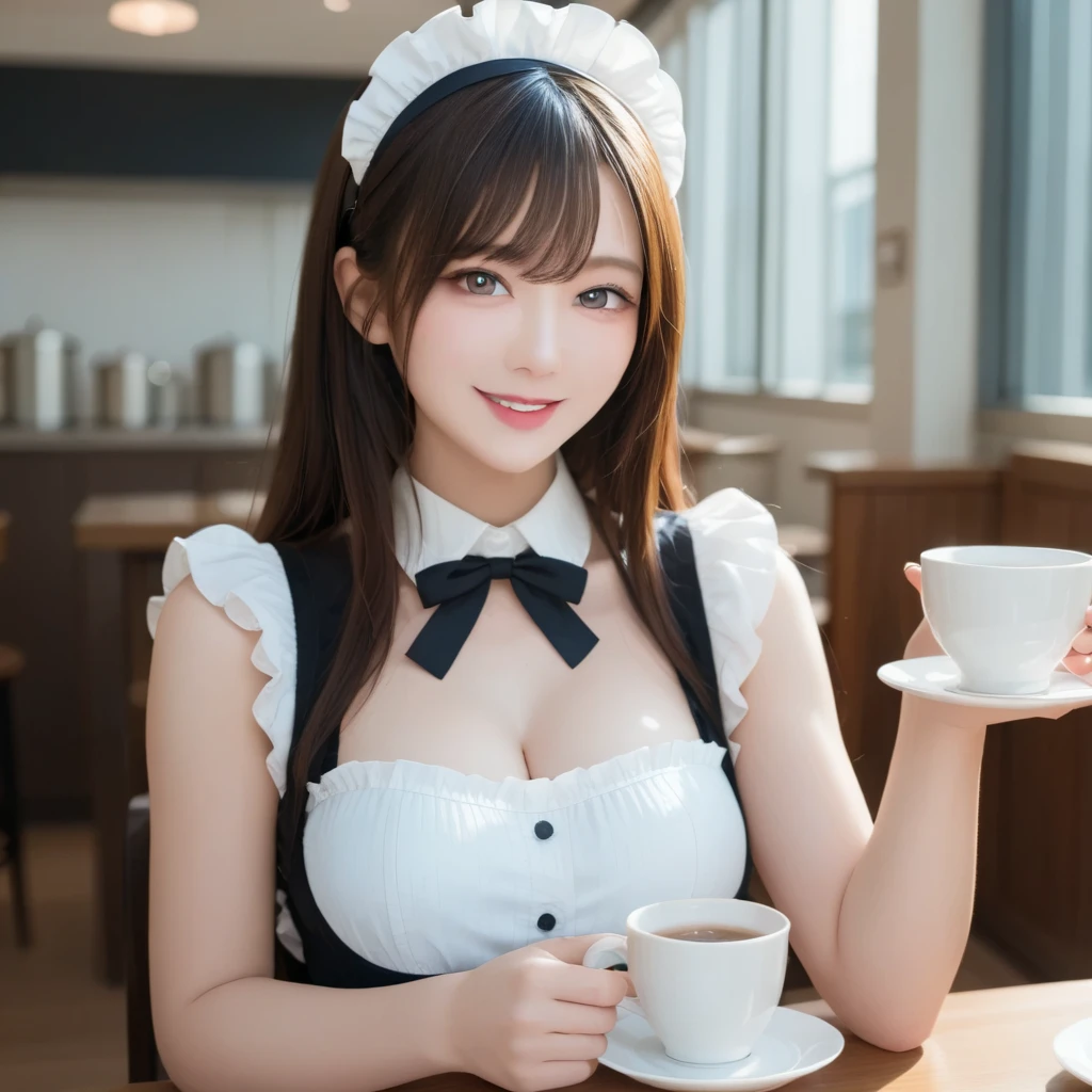 Japan woman, (RAW photo, top quality, masterpiece: 1), high definition RAW color photo, professional photo, (realistic, realistic photo: 1.37), cinematic light, 1, cleavage, maid, cosplay, unforgettable smile, sitting close to the cameraman, hugging the cameraman, maid café, in the coffee shop,