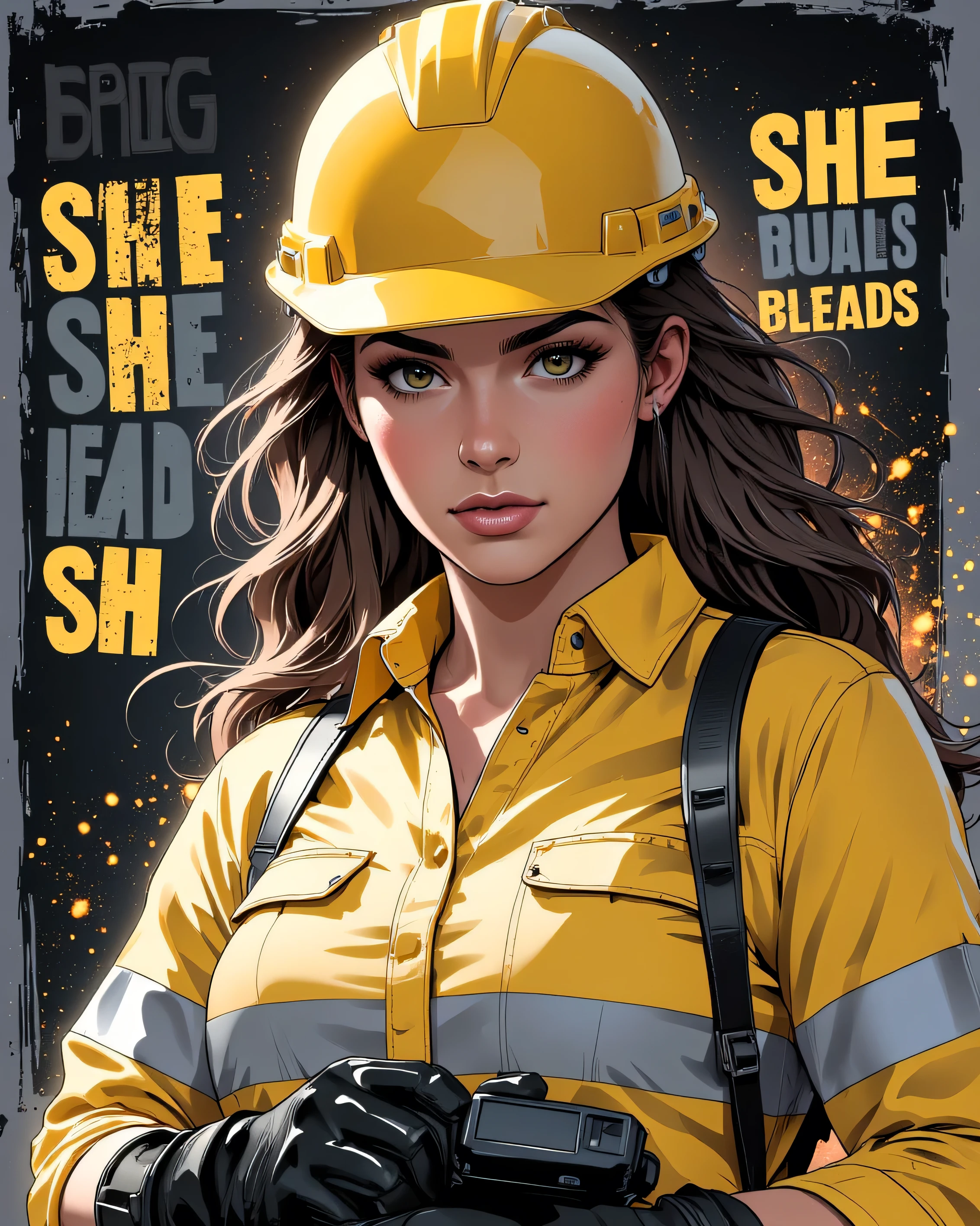GTA tyle:,Anime style,"A powerful t-shirt design featuring a beautiful female factory worker in a yellow helmet and a light cream (#f9f8eb) uniform with silver reflective stripes (#dadada). The quote 'SHE BUILDS, SHE LEADS, SHE CONQUERS' is written in bold grunge-style typography. Urban industrial background with metal textures and light sparks. Color scheme: yellow, silver, white, and charcoal black."