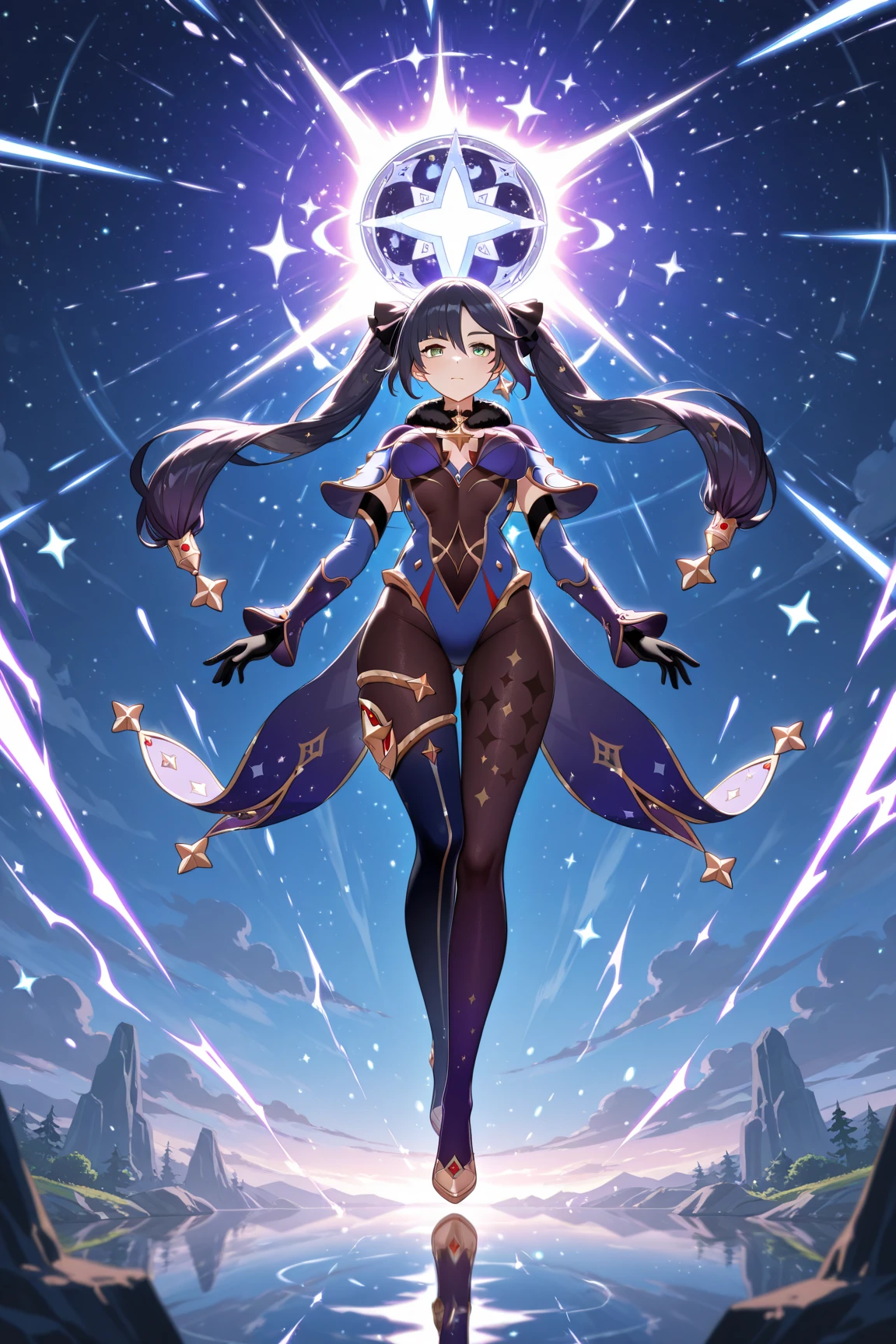 tiny girl,Beautiful breasts,Smile with open mouth,A dark-haired,Twin-tailed,Top image quality,Best Quality、big blue hat、Black tights、Luminous magic circle、S starrysky、Pale translucent magic circle、Pale blue flash、high-level image quality、Top image quality、8K、A detailed face、Trace a large magic circle with your finger