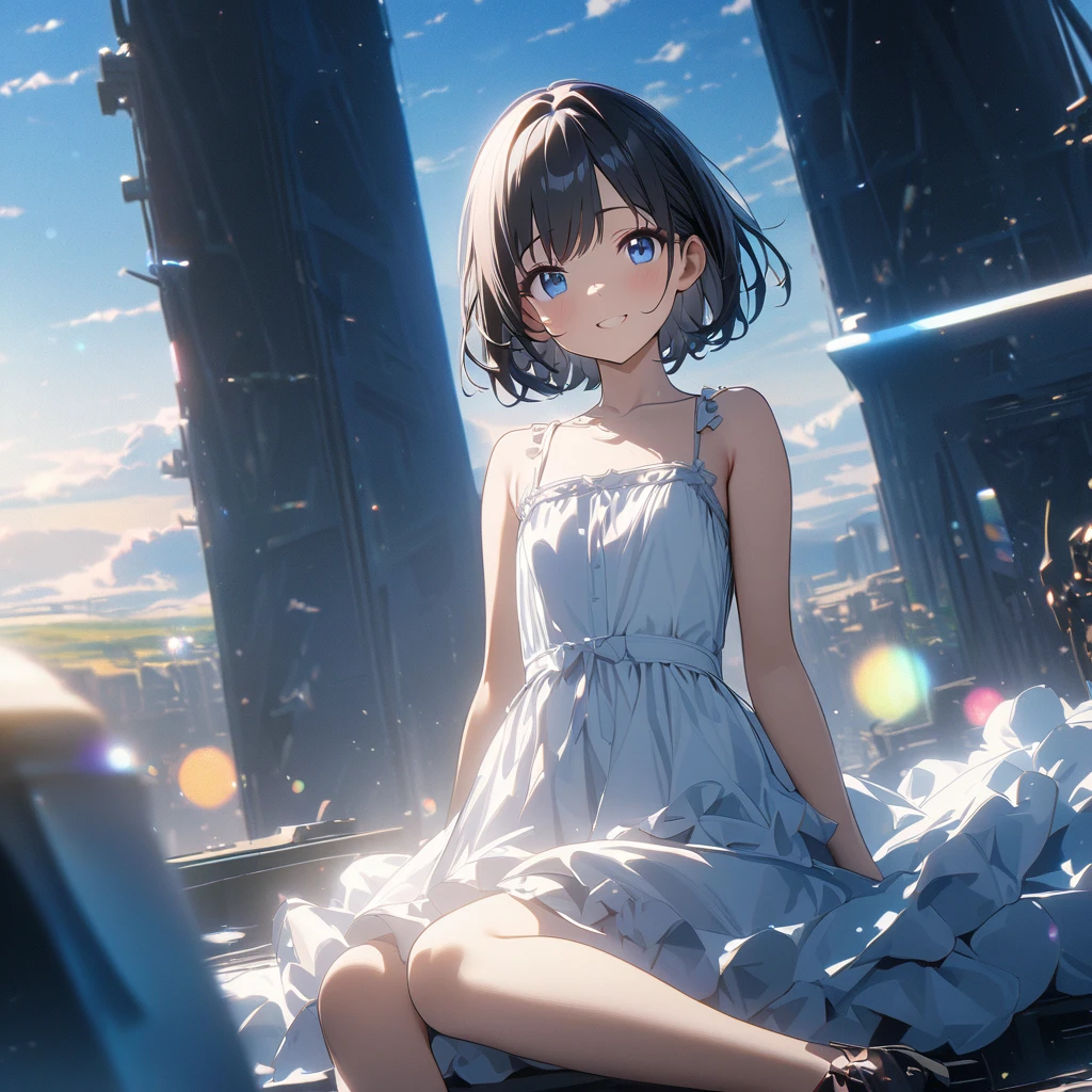 city suspended in the air, Makoto Shinkai, a girl floating in the air, surrounded by clouds, happy smile, Kazuki Takamatsu style, complex cityscape, sky blue and white, medieval art, dreamy color palette, viktor vasnetsov , shige's visual aesthetic style,