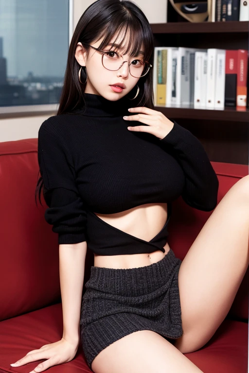 big breasts, NIPPLES VISIBLE, open chest, flowing white hair, white stockings, breasts visible, sexy pose, hair blowing in the breeze, bow, white mini dress, garter belt, jenni blackpink, black lips, glasses