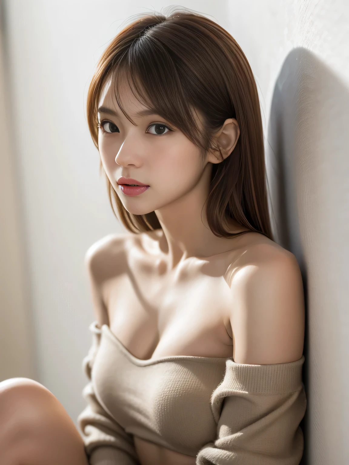 ((Best quality, 8k, Masterpiece :1.3)), Sharp focus :1.2, A pretty Korean woman with perfect figure :1.4, toned body, muscular :1.2, 19years old, glamorous, (No-makeup look), (kneeling), On the couch, looking at viewer, medium hair, messy hair, diagonal bangs, brown hair, brown eyes, beautiful eyes, upper body, (high angle shot), (dynamic angle), cinematic lighting, in focus with blurred background,　