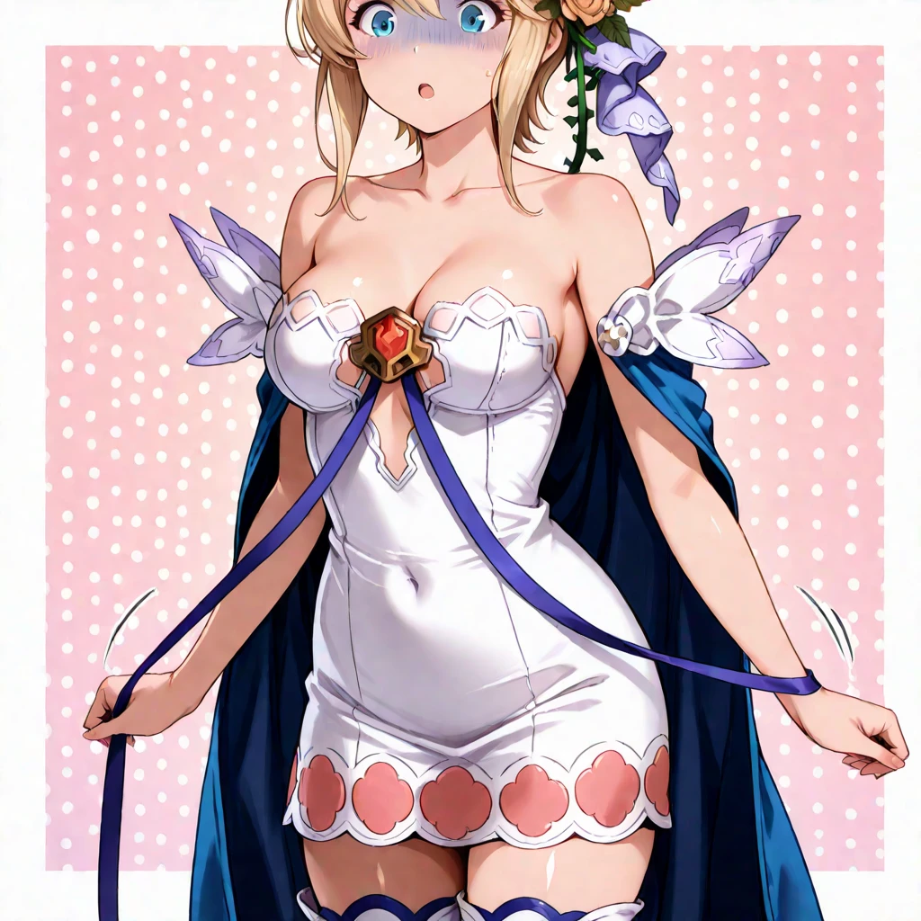 (masterpiece), best quality, highres, NSFW,
girl, (traditional media, 80s:1.4), (eyelashes:1.5),
(intricate high detailed body:1.2), loli,
blonde hair, short hair, (twin messy bun),
green eyes,
lip stick,
slender body, large breasts,
(angry, smile:1.2), open mouth,
neckwear, (white lace leotard with sleeves),
(short frill skirt), see-through clothes, jewelry,
cowboy shot,
in royal palace,