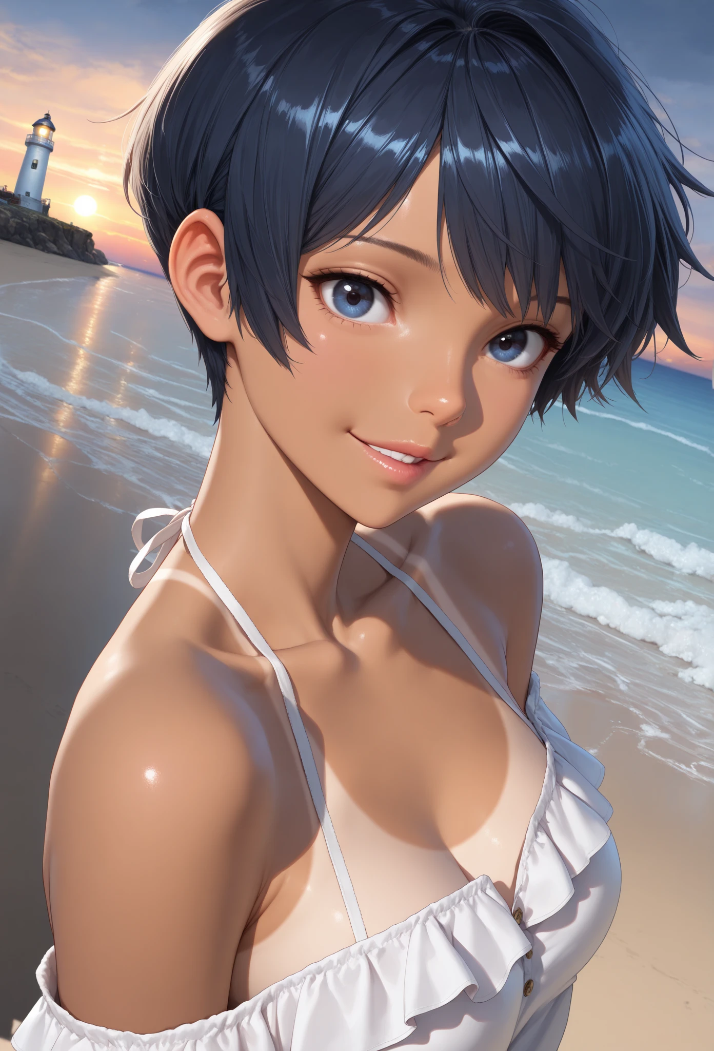 Highest quality、Realistic、woman、zoom、Cobalt blue eyes、maroon short hair、Blue micro bikini、thin、Dark Skin、Small breasts、rooftop、Inappropriate smile、Bust Shot、