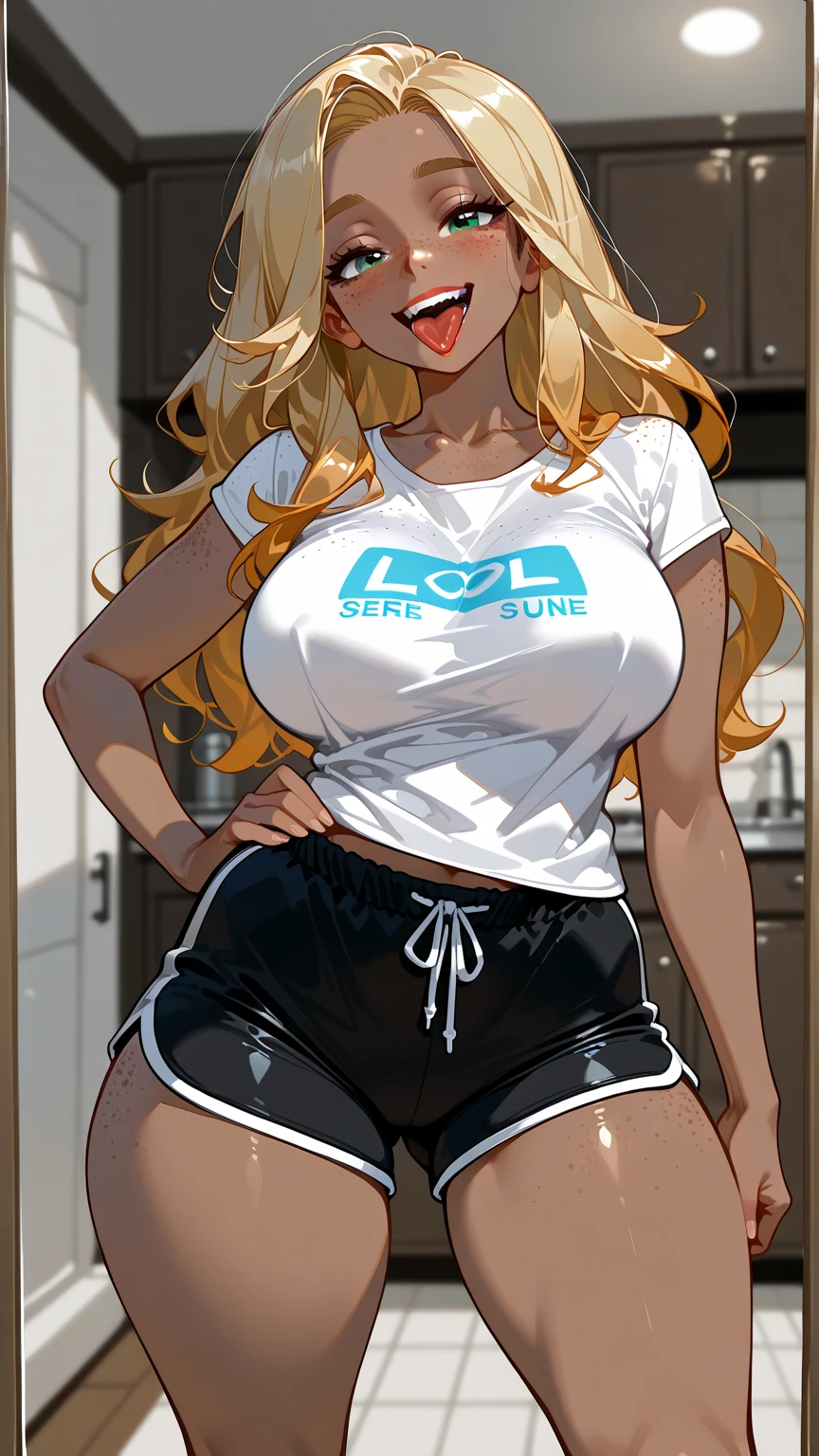 One beautiful woman, a charming face, long blonde hair, black police hat, white tank top, see-through breasts, exposed navel, ripped denim shorts, emphasis on crotch, sexy pose, Bedroom Inviting gestures