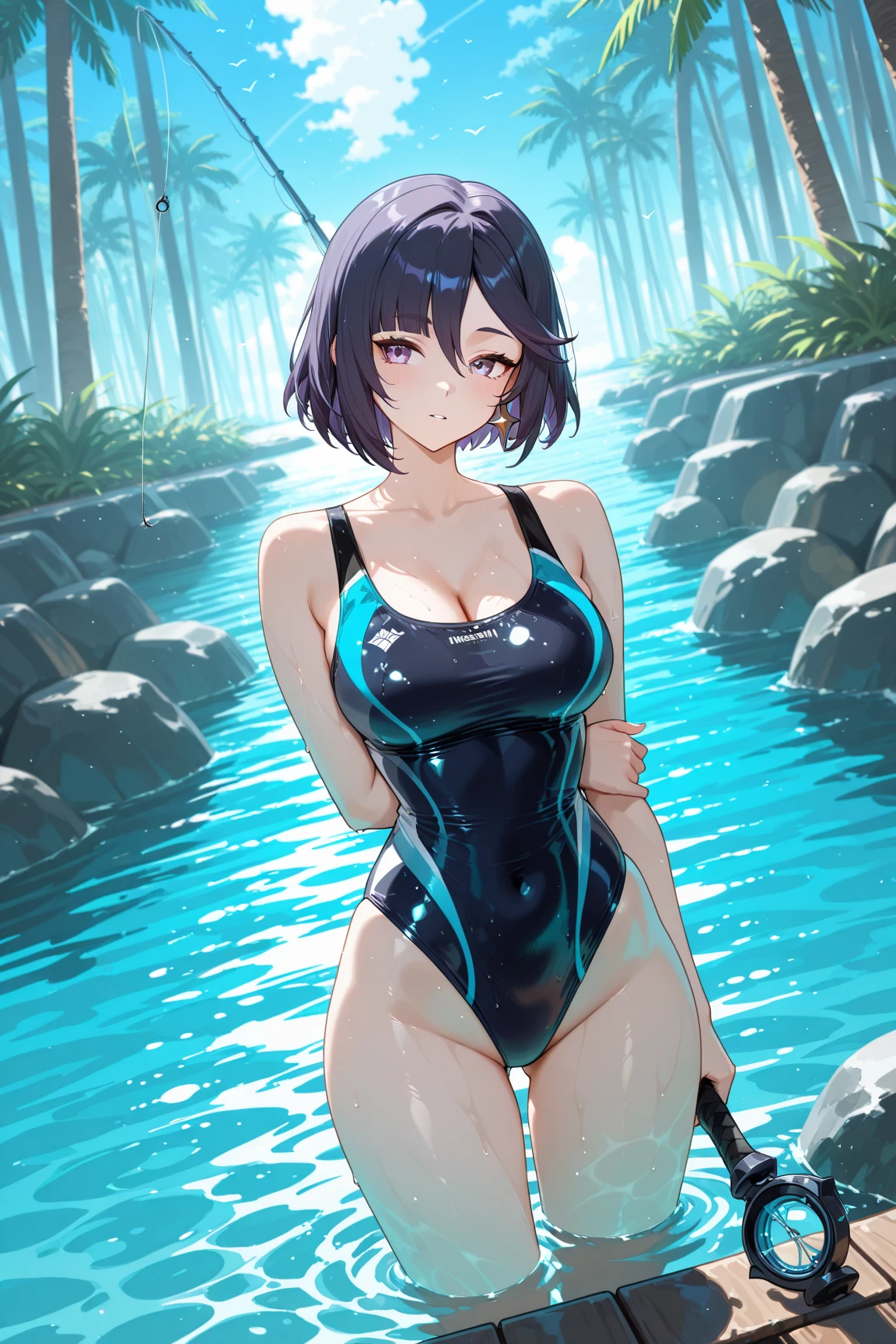 Arti modern anime. Birds eye view, A stunningly beautiful Motoko Kusanagi from the anime Ghost in the shell, D cup big bust, slim body. vixip, close-up face portrait, photorealistic. Blush, Water drop, rock, water reflection, stairs, trod. Hand drawing illustration, cinematic lighting, highly detailed. Perfect composition golden ratio, masterpiece, best quality, 4k, sharp focus. Better hand, perfect anatomy.
