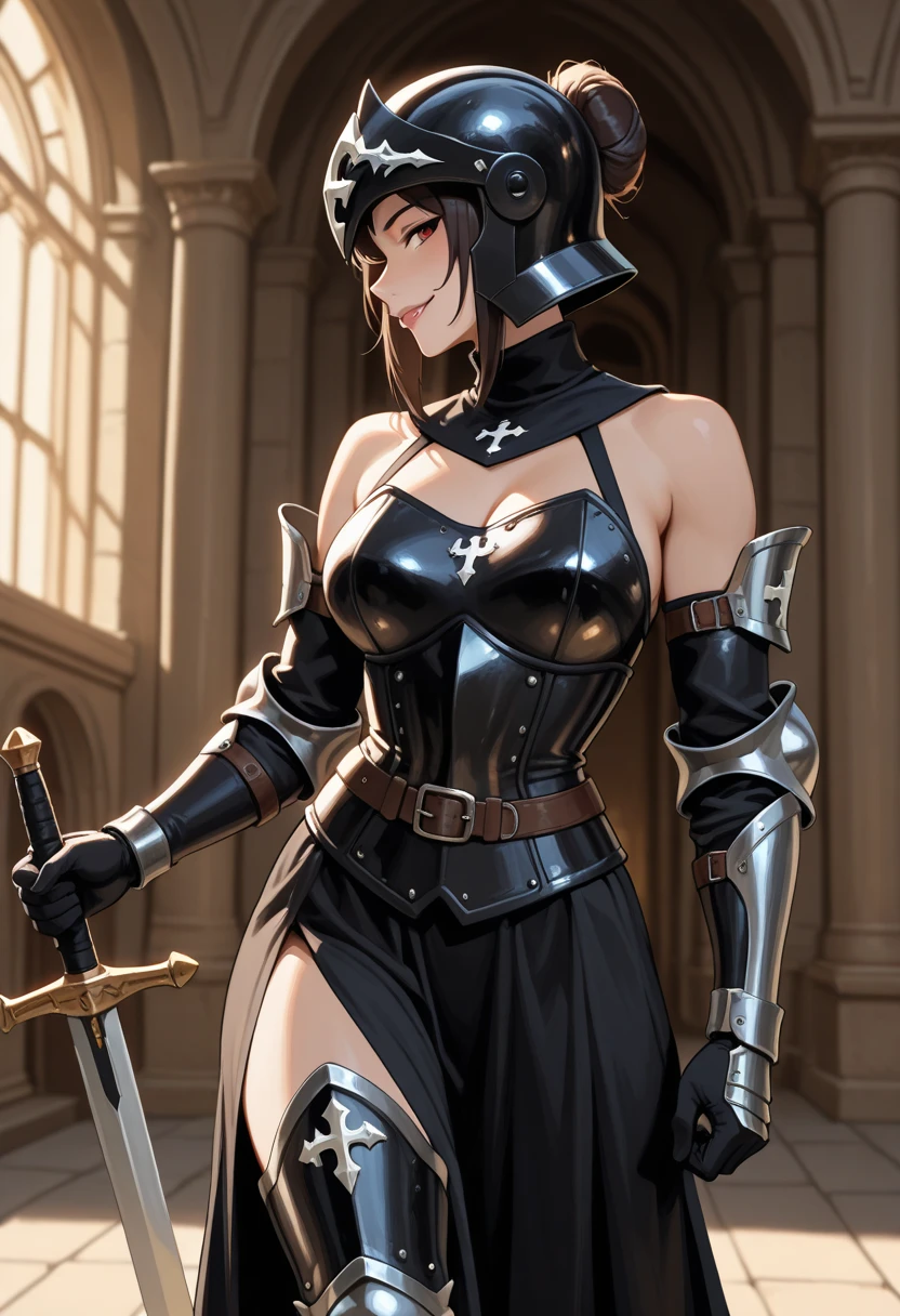 knightgirl, naughty man, no girls, dark armor with blue flames, holding a pasta ornamented with rays,