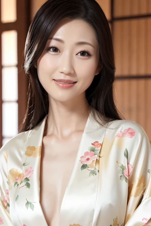 (Highest quality、Tabletop、8k、Best image quality、Award-winning works)、(One beautiful mature woman:1.1)、Adult face、(Innkeeper:1.1)、(Elegant floral kimono:1.2)、(V-neck collar:1.1)、(Cleavageが露わになる:1.2)、(Kimono that shows the chest:1.3)、(Cleavage:1.5)、(Open the chest:1.3)、(Large Breasts:1.4)、(Large Breastsの谷間を露出する:1.5)、Perfect mature woman portrait photo、Glowing Skin、Standing Elegantly、(Blurred elegant and exquisite perfect Japanese style room background:1.3)、(The most natural and perfect tidy Japanese style room background:1.2)、Glowing White Skin、Very white skin、(Accentuate your body lines:1.1)、(The most graceful posture:1.2)、A perfect smile、Perfect beautiful glossy lips、(Accurate anatomy:1.1)、(A perfect and elegant outfit:1.1)、(Standing with good posture:1.1)、(Face close-up:1.1)、(Front facing body:1.2)、White floral kimono
