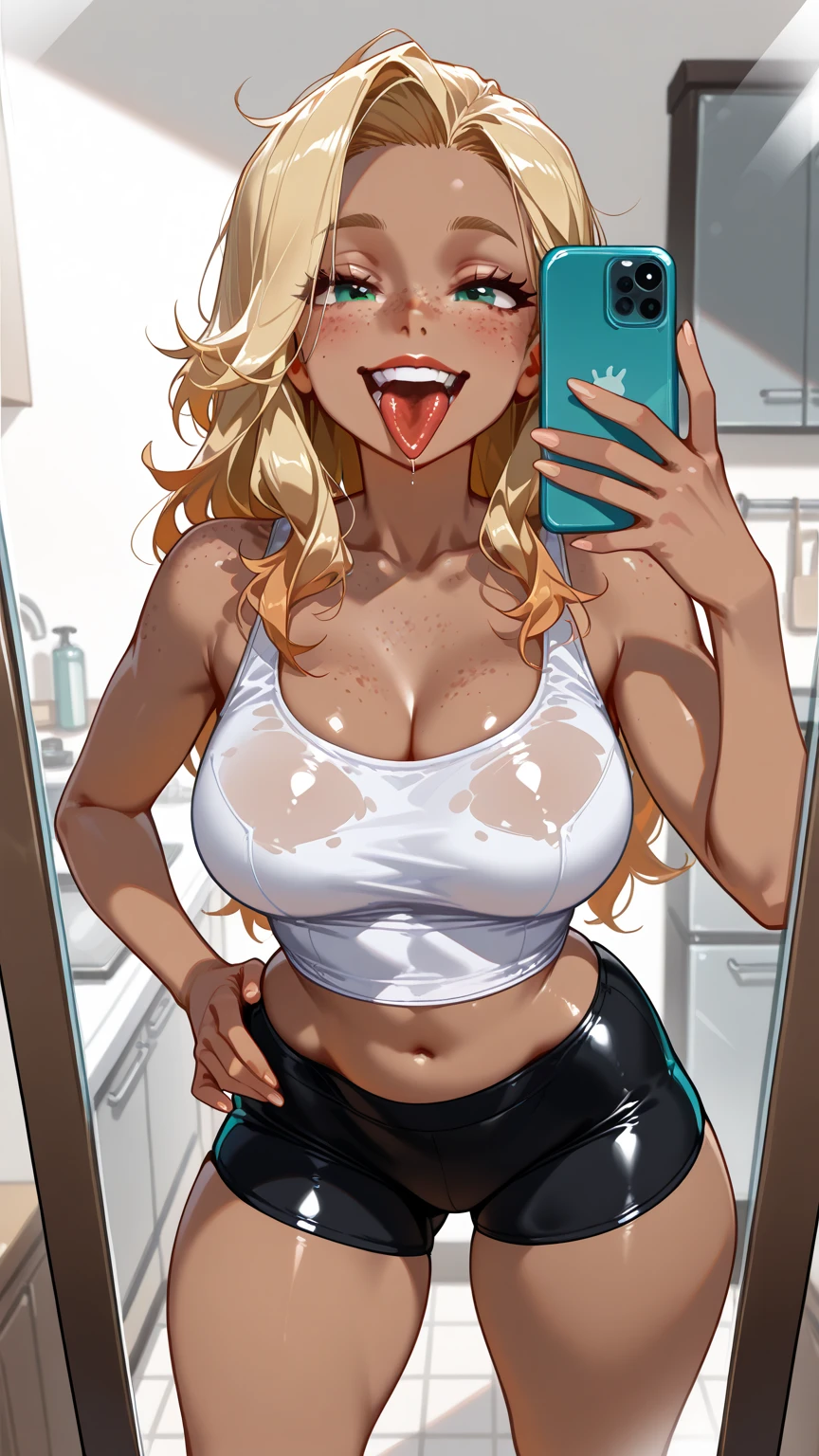 ((masterpiece)), ((best quality)), (ultra detailed), ((extremely detailed)), 1girl, blue eyes, detailed eyes, beautiful eyes, blonde hair, very long hair, extremely detailed hair, shiny hair, ((dark skin tone)), skin texture, shiny skin, extremely detailed skin, big breasts, highlighted nipples, small waist, big butt, Sexy, wearing (((sexy babylook T-shirt))), (((micro ripped shorts))), (((iPhone))), selfie. image with ((depth of field)).