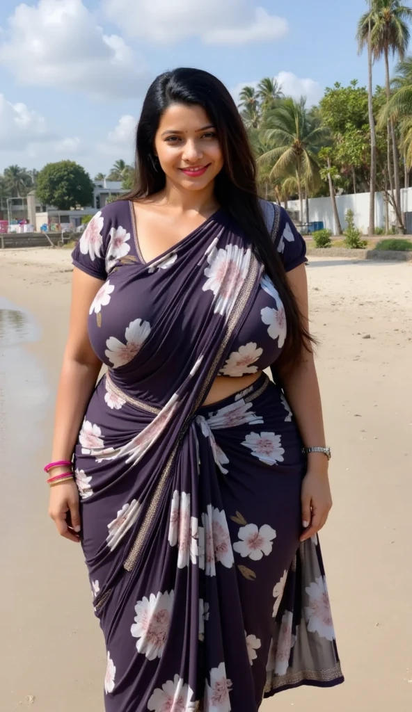 ravishing sexy curvy chubby tall Plus size bbw big breast supermodel Indian 40 years old fat Marriage Woman wearing saree beach background
