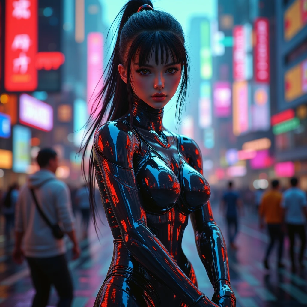 Heavily tattooed woman, open thighs, solo,(camel toe),black high leg bodysuit, second skin bodysuit, blonde hair, hazel eyes, skin tight, bare arms, black knee high boots,realistic,photorealistic, jack o pose, (correct anatomy), (human anatomy), (perfect posing), background is a crowded street of a neon lit cyberpunk city