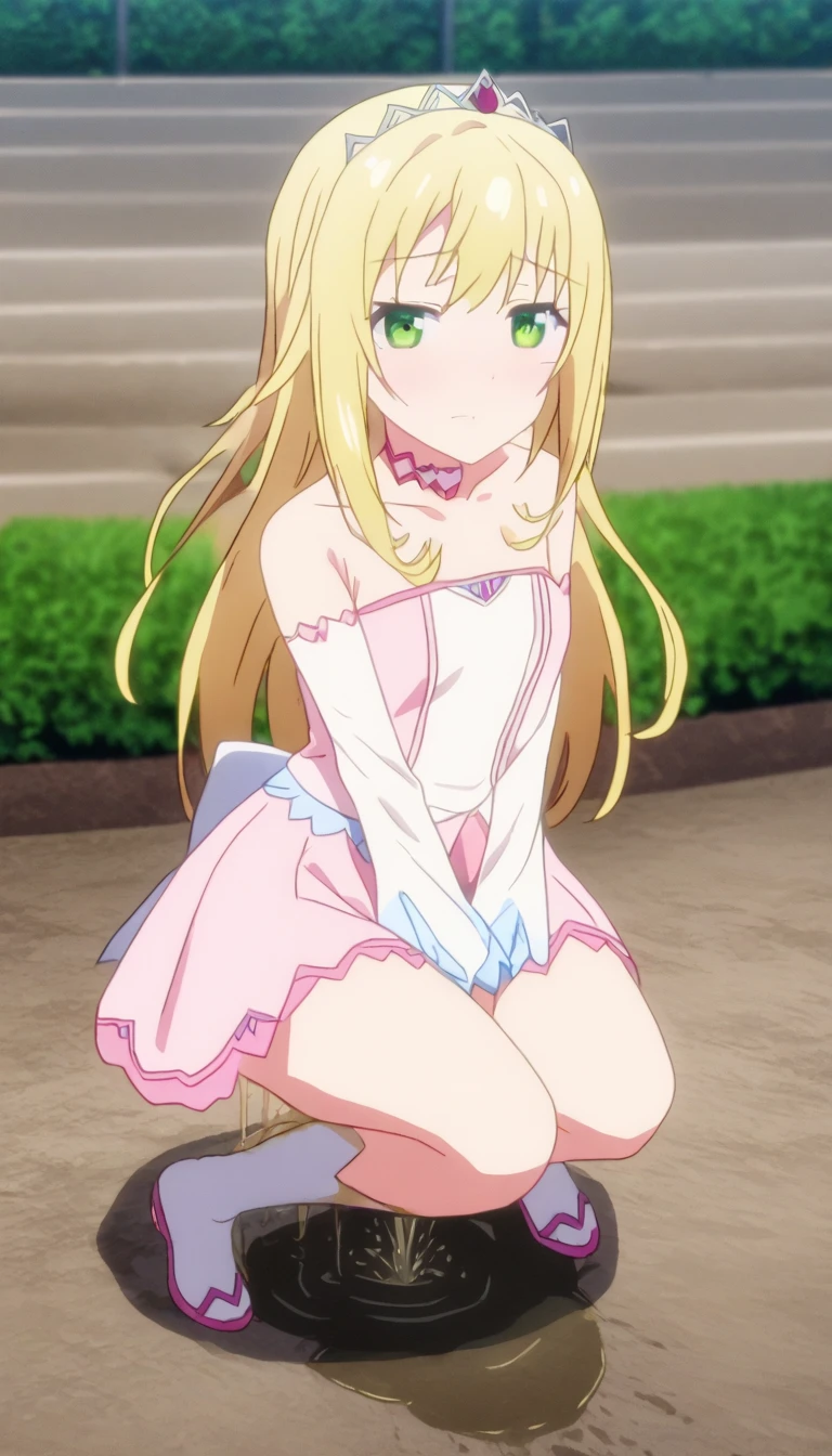 a fembo sissy with blonde hair and beautiful detailed blue eyes, wearing a tight pink crop top, an pink miniskirt, Stockings, in a park and small penis