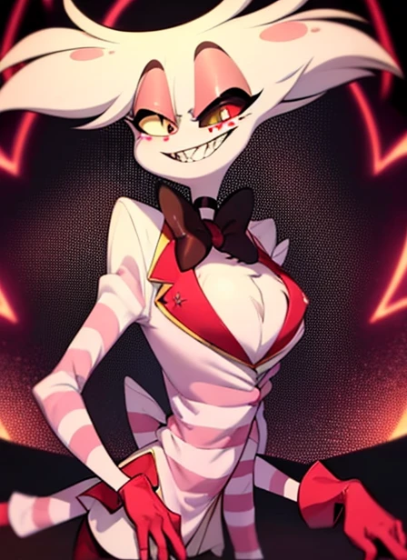 Angel Dust, 1boy, white hair, choker, bowtie, striped suit, white suit, red gloves, black shorts, thigh boots, black thighhighs, four arms, sharp teeth, pink freckles, chest tuft, pink eyes, (black sclera on right eye, heterochromia), perfect anatomy