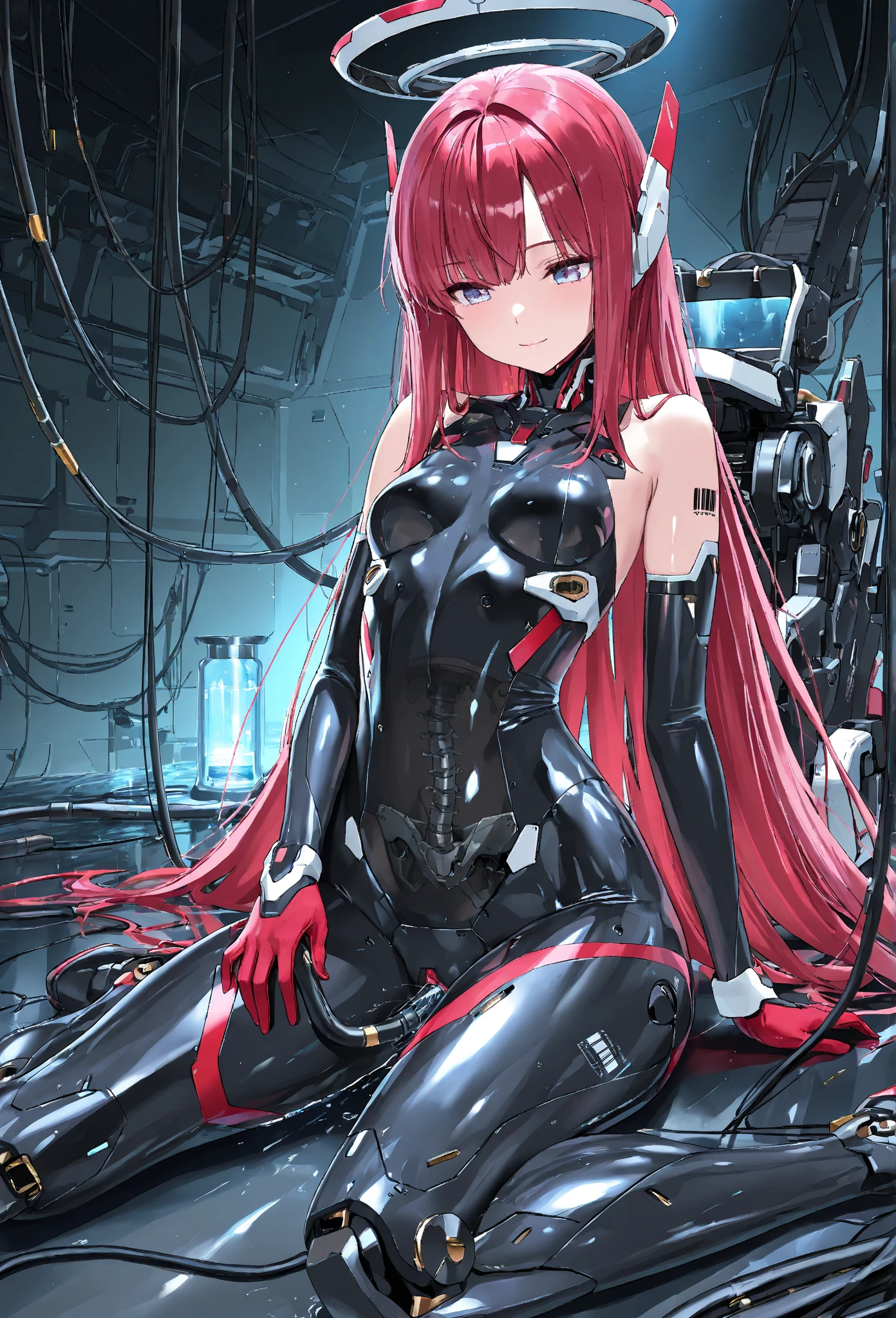 Hyper Robot. Super happy and upbeat. flying. blush. mechanical eyes. Missing arm. exposed circuitry. Exposed wires. Damaged. Happy smile. left arm is torn off. hair clip. Asymmetrical outfit. damaged core. broken eye. sitting on the floor against the wall. abandoned.