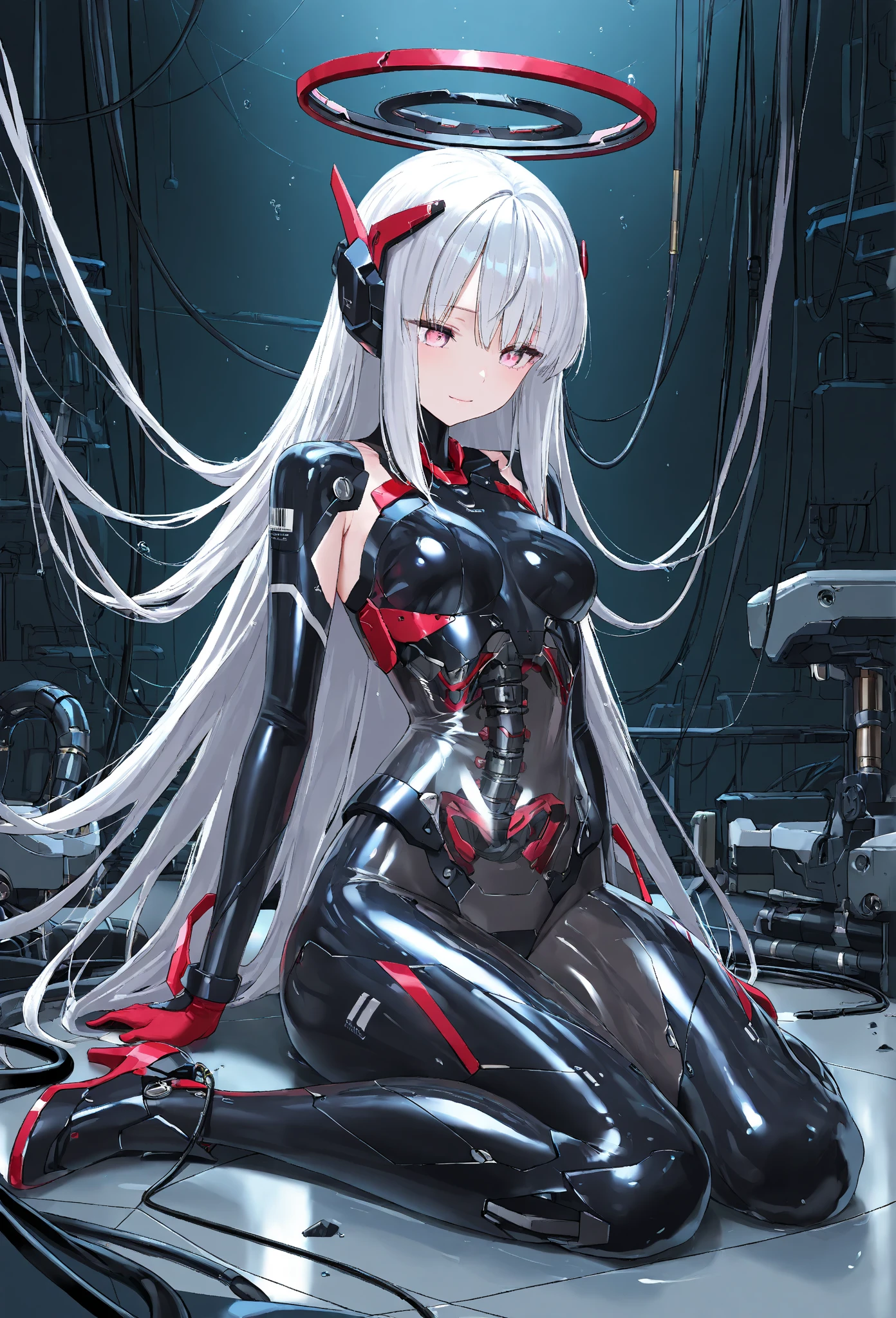 最high quality、best image quality、masterpiece、android girl((18-year-old、 By becoming、vest bust、medium bust,wide open breast tea、red glowing eyes, water hair、messy hair、long hair、thin,highest valley、white robot body、shining blue body、Close ~ eyes、All connected to cables、Show the whole body、robot arm、robot feet、villain、evil smile、squat、turn your butt)),high quality、beautiful art、background((dark bio facility、dark room、Infrared Sensor、red lighting))、Flight、debris flies、Depth of written boundary、movie、visual art、perfect art、8K,genuine、